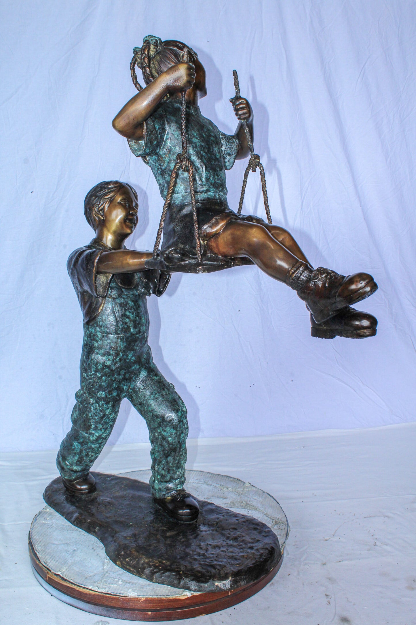 Boy Pushing Girl on Swing Bronze Statue Outdoor Decor 39" x 13" x 44"H