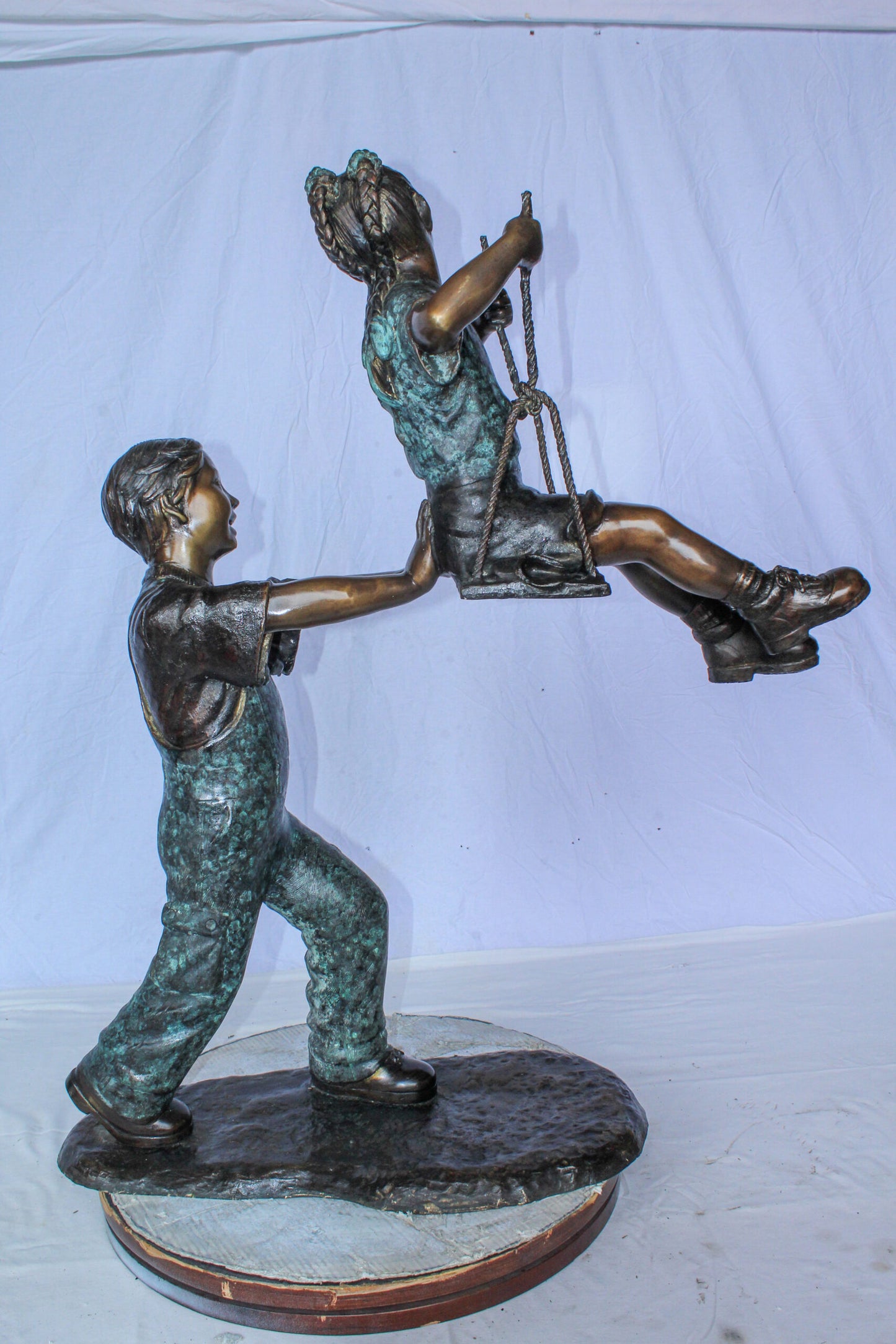 Boy Pushing Girl on Swing Bronze Statue Outdoor Decor 39" x 13" x 44"H