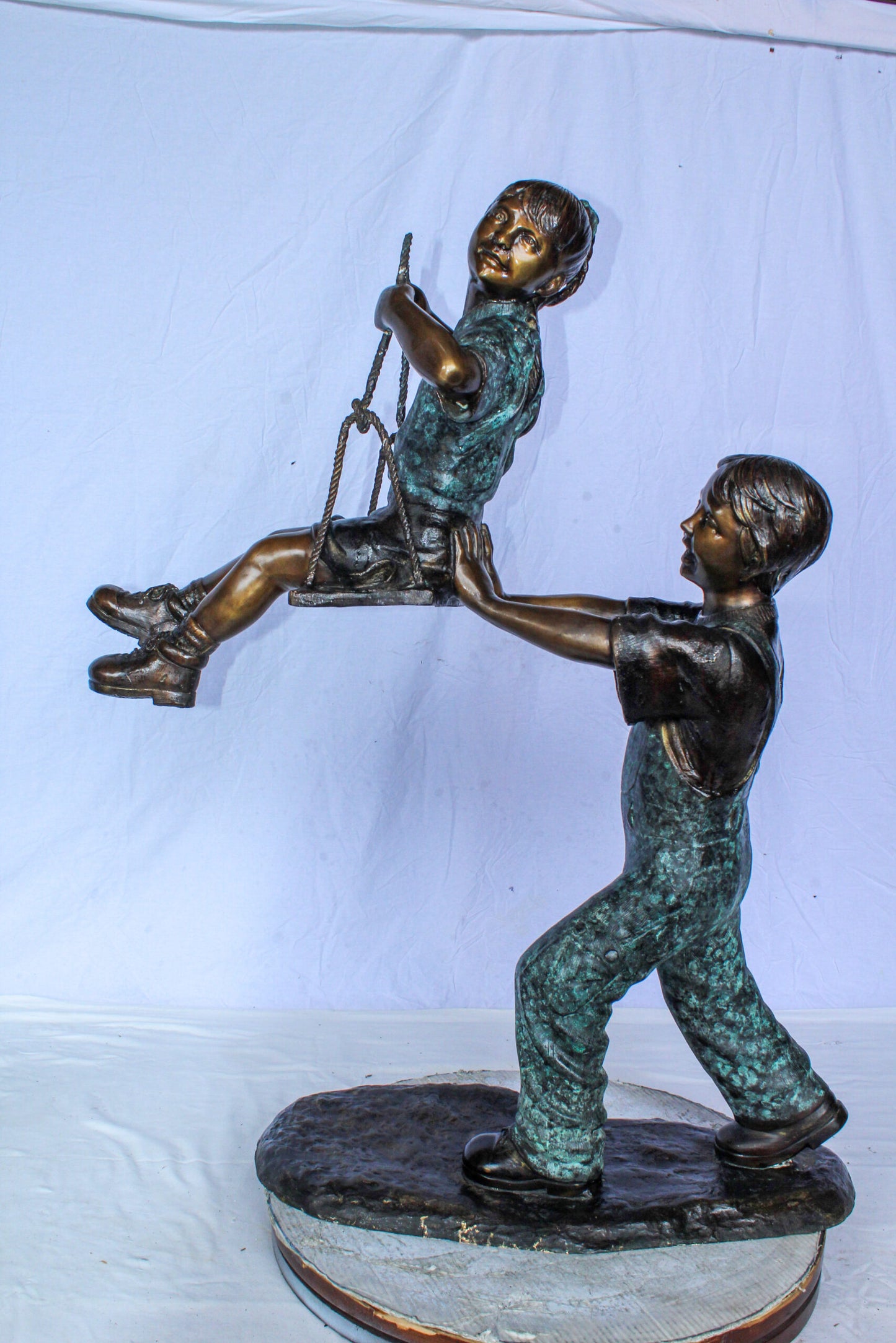 Boy Pushing Girl on Swing Bronze Statue Outdoor Decor 39" x 13" x 44"H