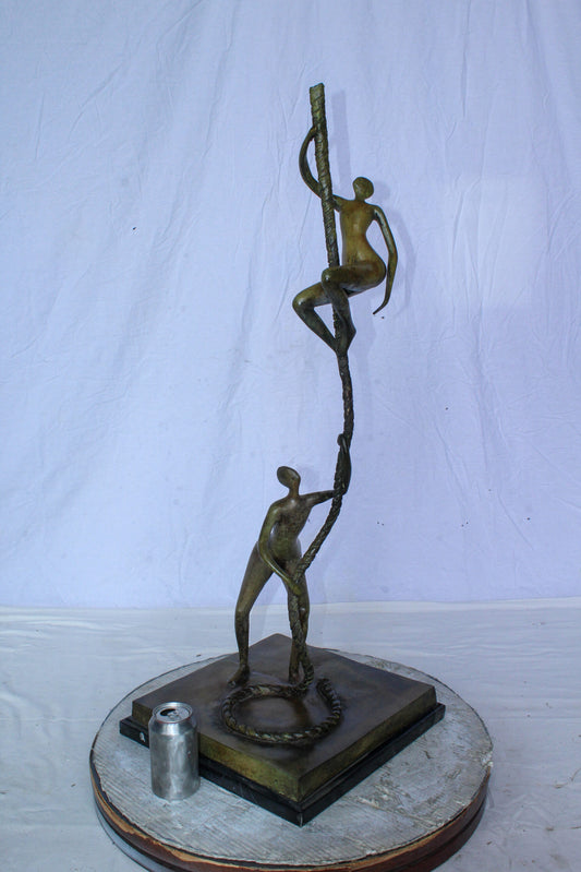 Bronze Abstract Figures Climbing Rope Sculpture on Base 14" x 14" x 38"H