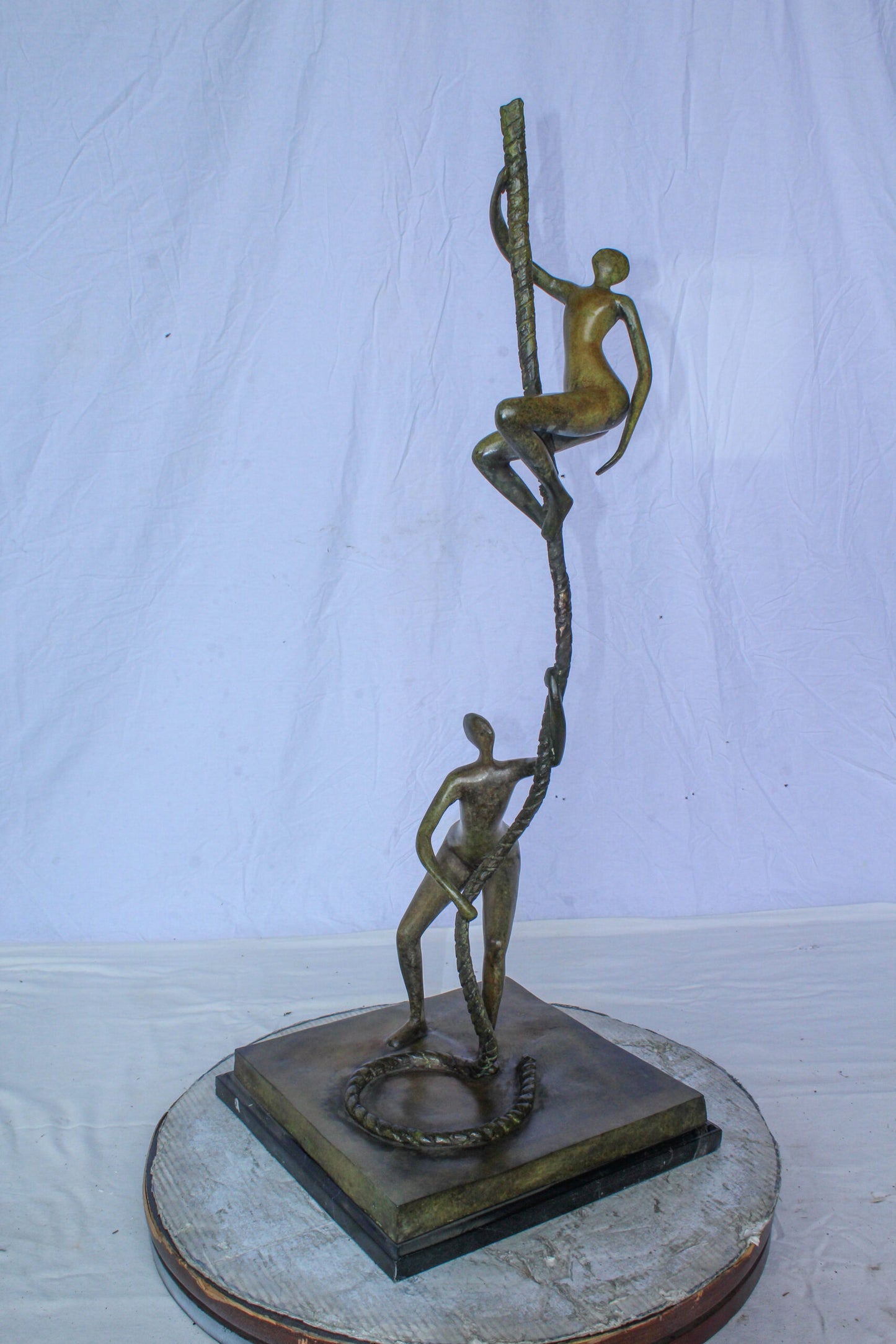 Bronze Abstract Figures Climbing Rope Sculpture on Base 14" x 14" x 38"H