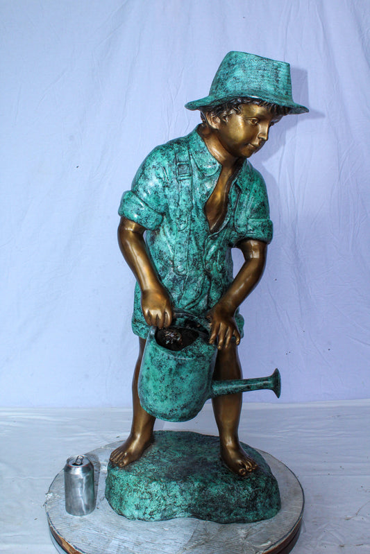 Standing Boy with Watering Can Bronze Statue - Size: 15"L x 15"W x 39"H.