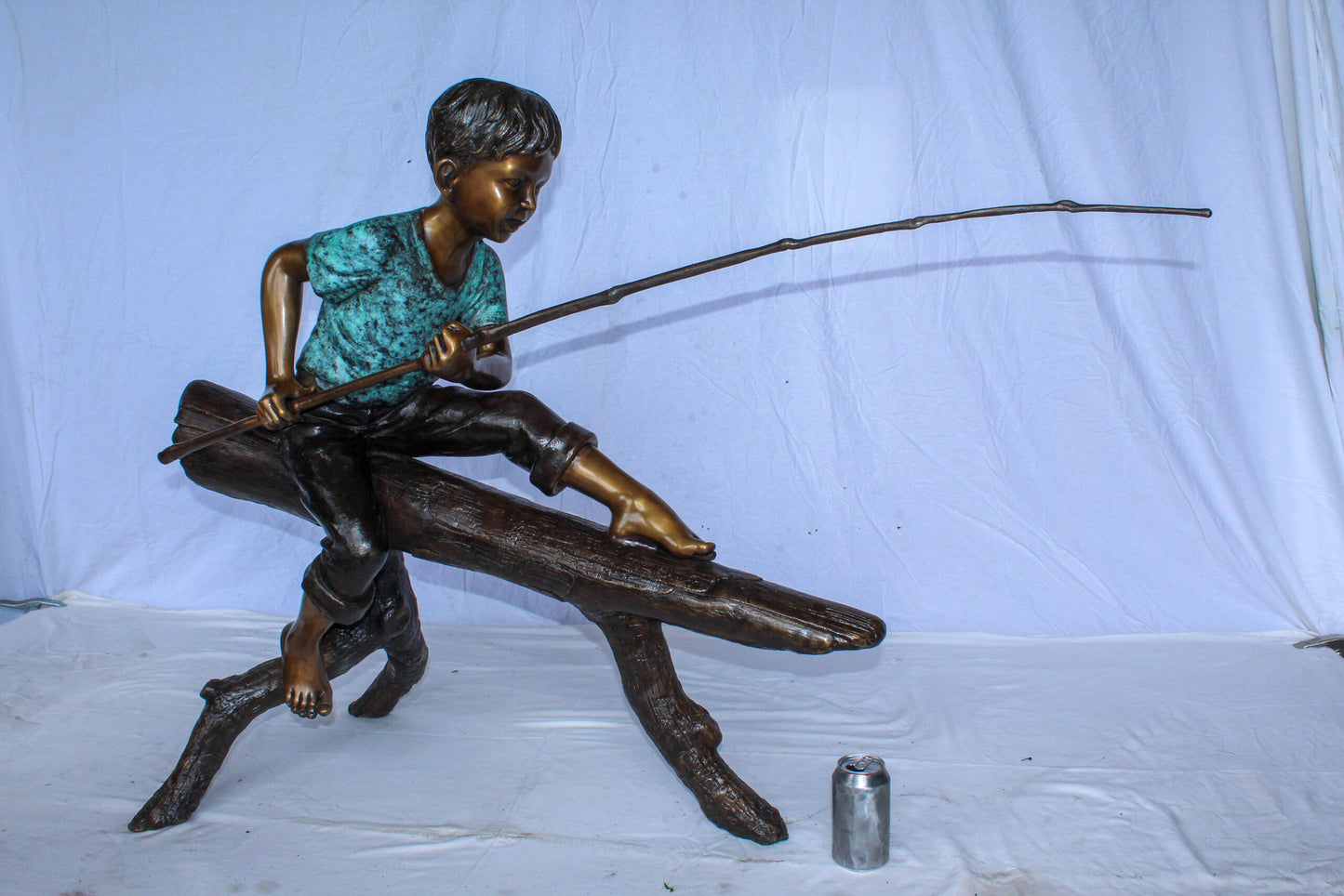 Bronze Statue of Boy Fishing Sitting on Tree Log 50" x 19" x 35"H
