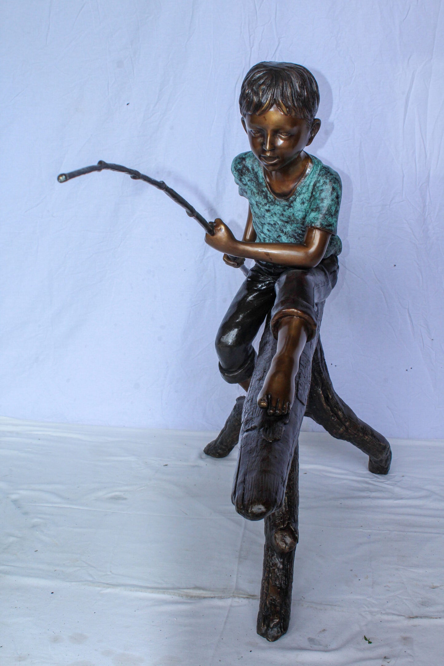 Bronze Statue of Boy Fishing Sitting on Tree Log 50" x 19" x 35"H