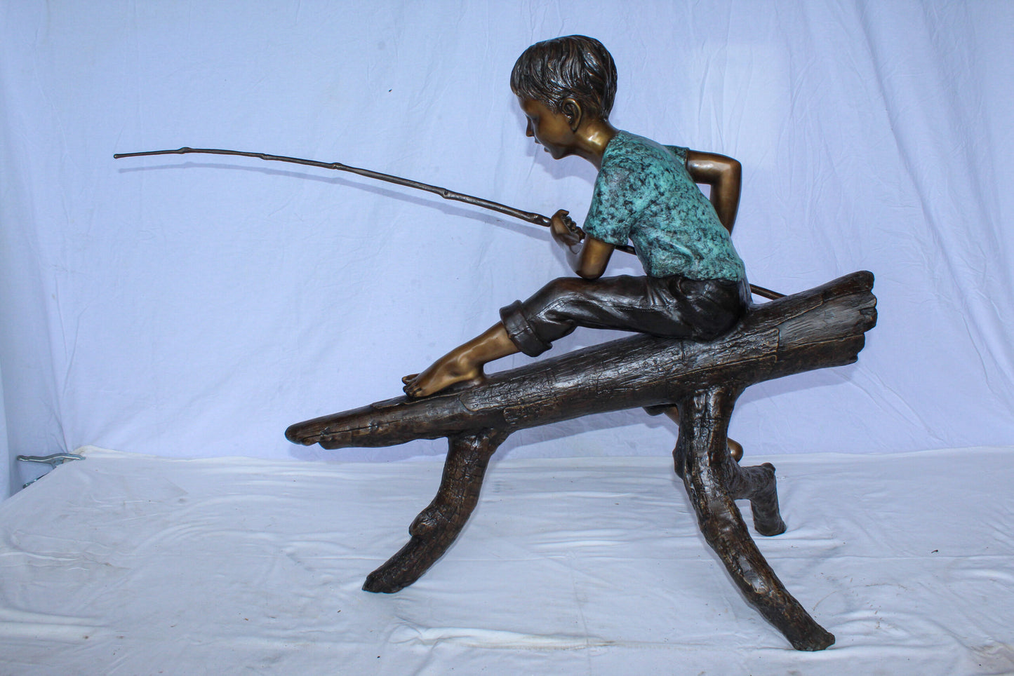 Bronze Statue of Boy Fishing Sitting on Tree Log 50" x 19" x 35"H