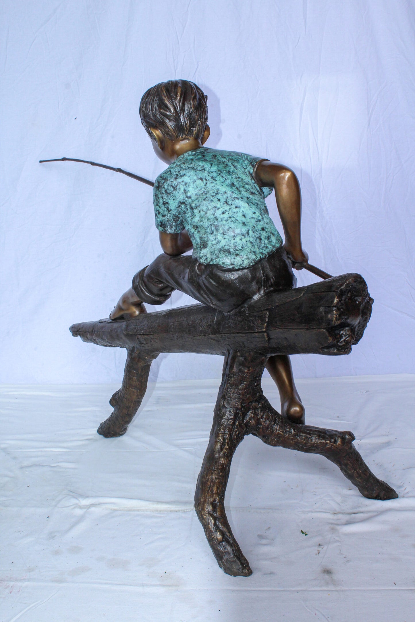 Bronze Statue of Boy Fishing Sitting on Tree Log 50" x 19" x 35"H