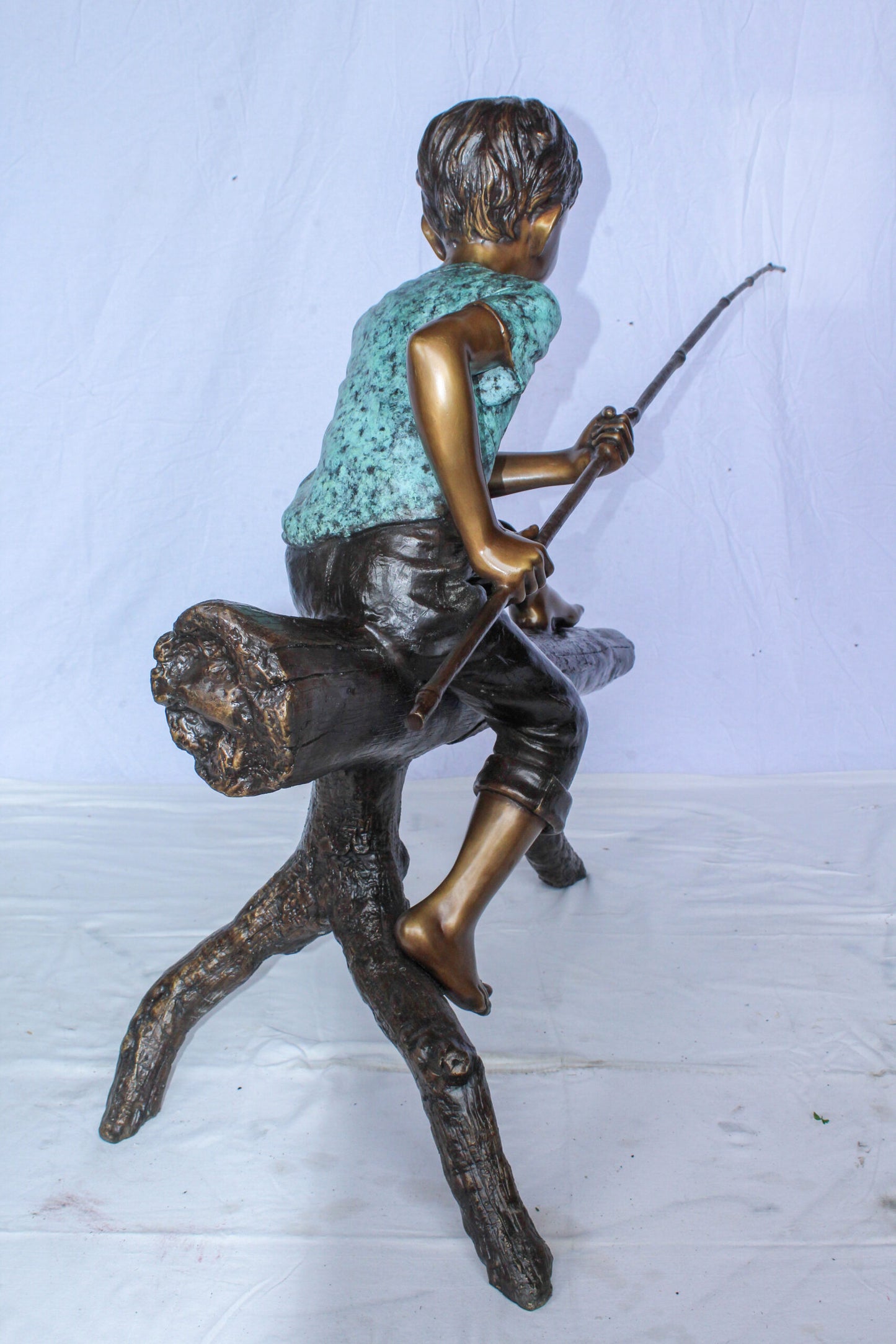 Bronze Statue of Boy Fishing Sitting on Tree Log 50" x 19" x 35"H