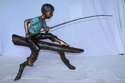 Bronze Statue of Boy Fishing Sitting on Tree Log 50" x 19" x 35"H