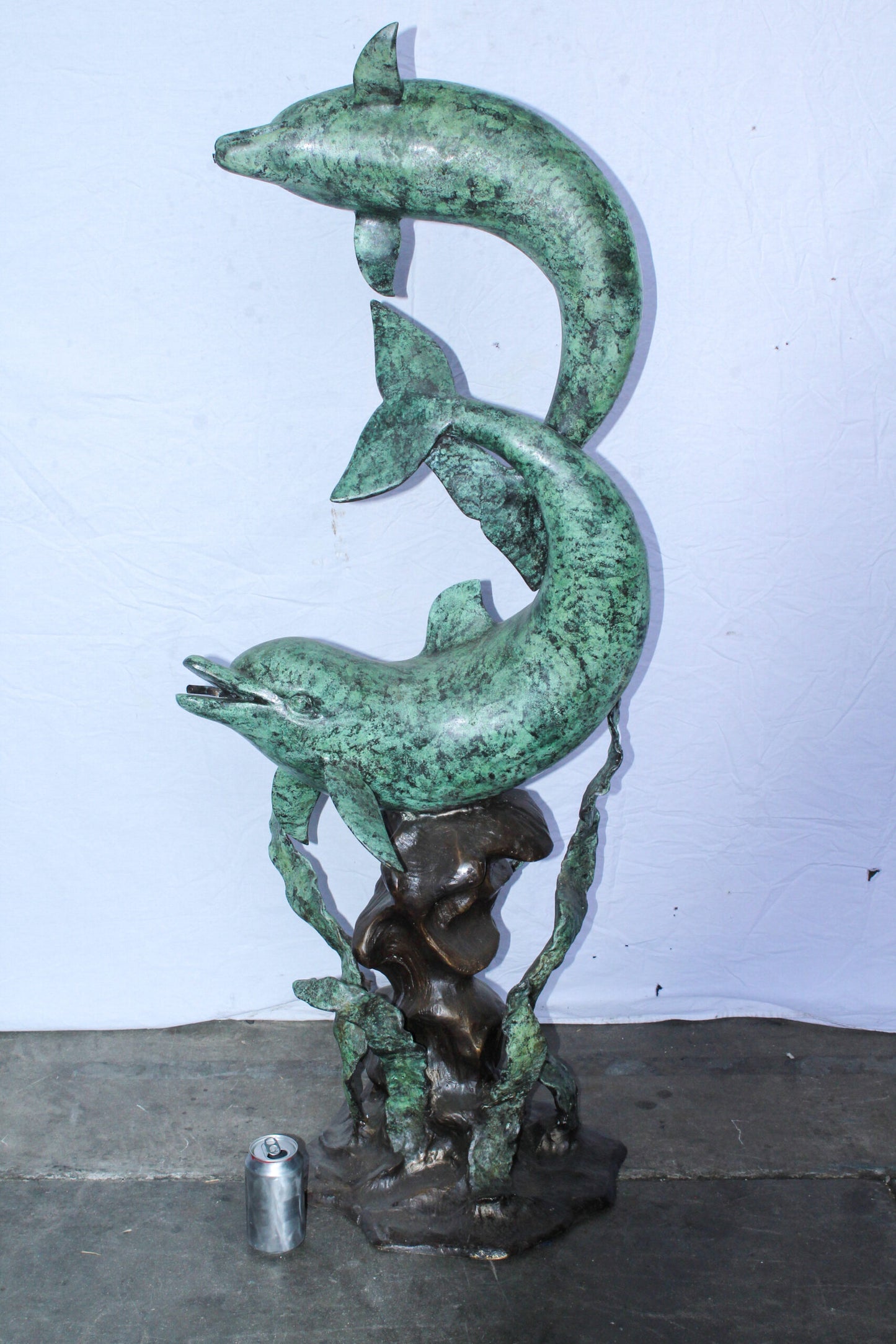 Giant Bronze Dolphin Fountain Sculpture with Green Patina 23" x 15" x 66"H