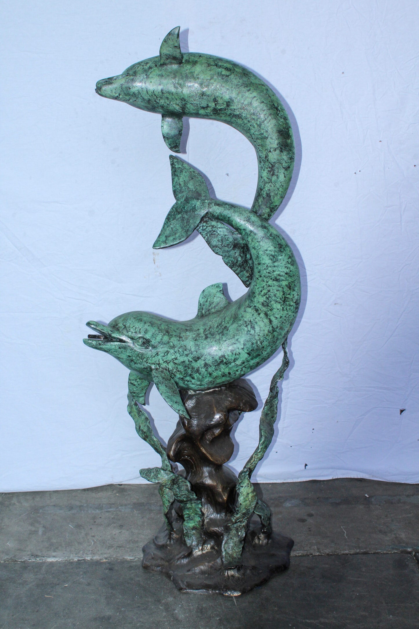 Giant Bronze Dolphin Fountain Sculpture with Green Patina 23" x 15" x 66"H
