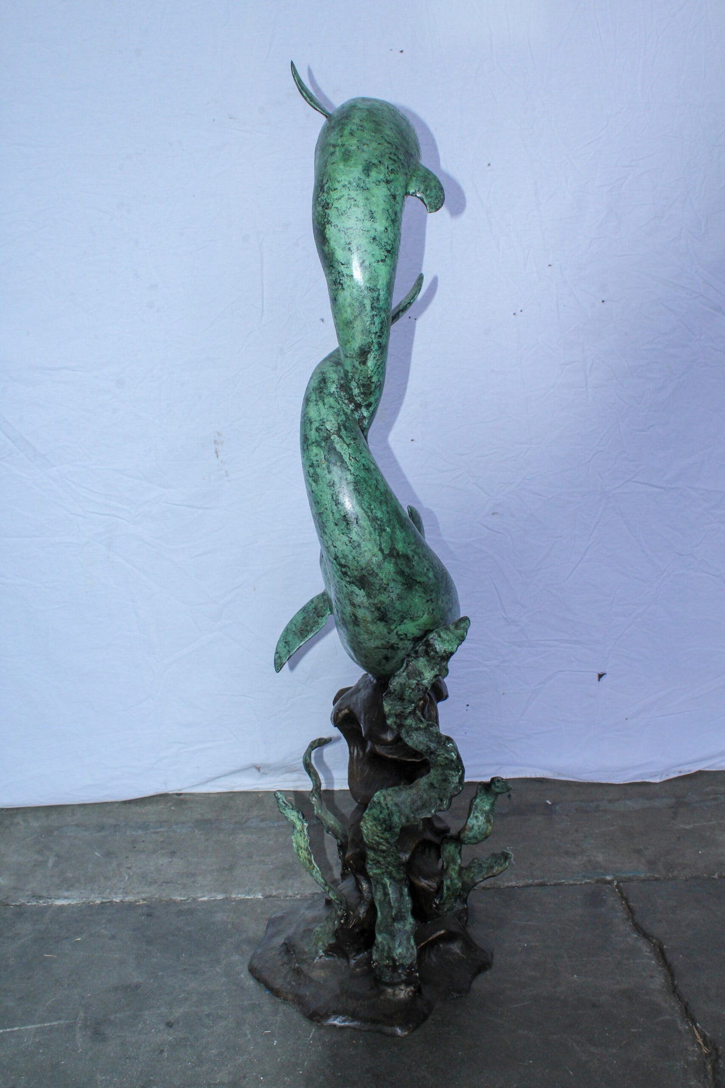 Giant Bronze Dolphin Fountain Sculpture with Green Patina 23" x 15" x 66"H
