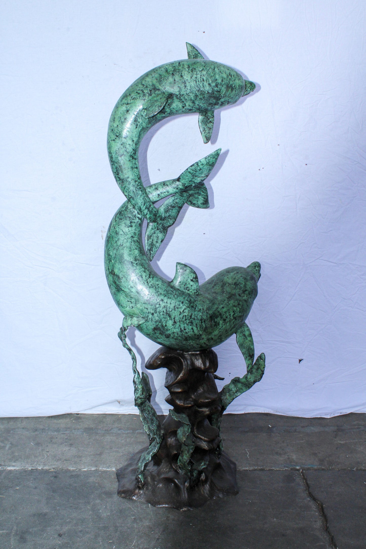 Giant Bronze Dolphin Fountain Sculpture with Green Patina 23" x 15" x 66"H
