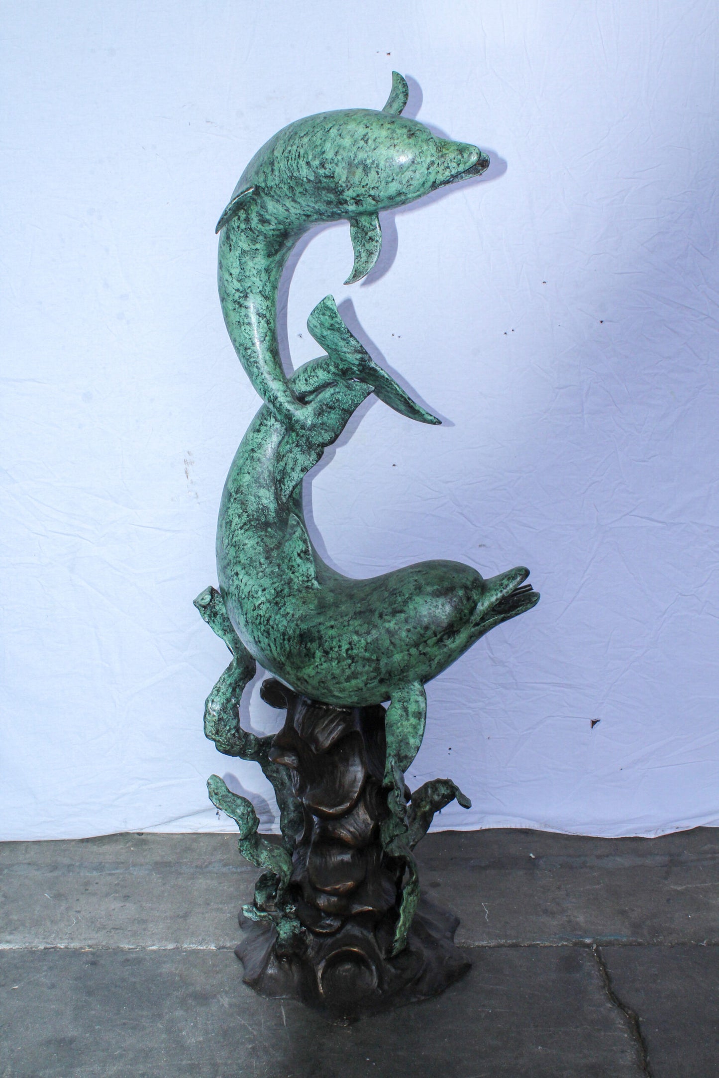Giant Bronze Dolphin Fountain Sculpture with Green Patina 23" x 15" x 66"H