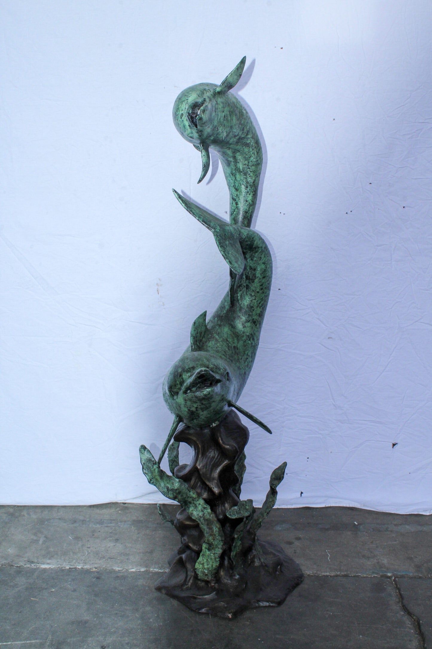 Giant Bronze Dolphin Fountain Sculpture with Green Patina 23" x 15" x 66"H