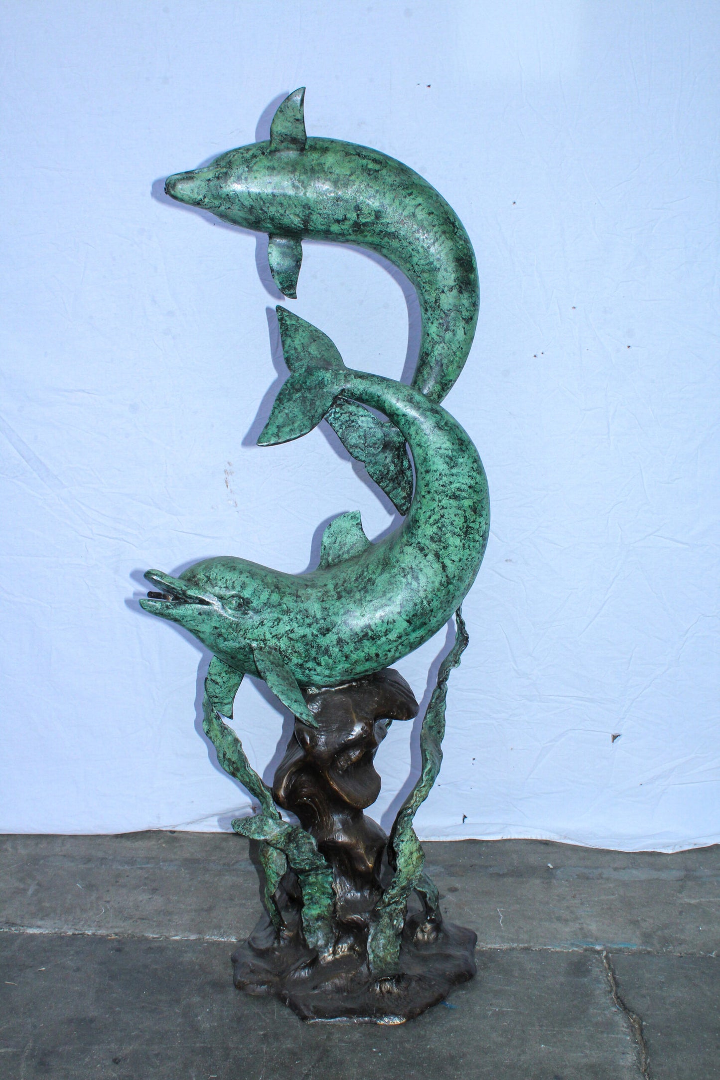 Giant Bronze Dolphin Fountain Sculpture with Green Patina 23" x 15" x 66"H