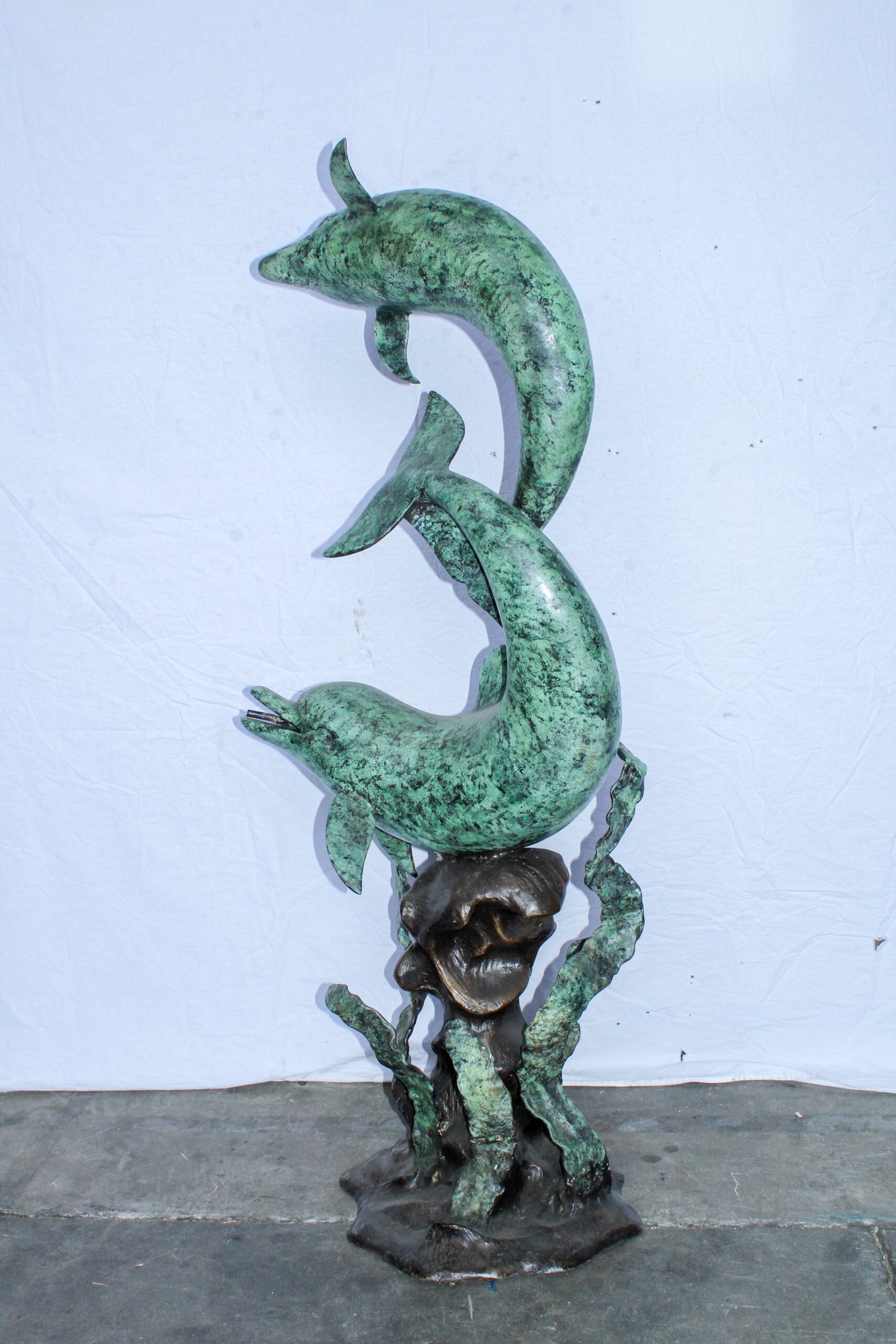 Giant Bronze Dolphin Fountain Sculpture with Green Patina 23" x 15" x 66"H