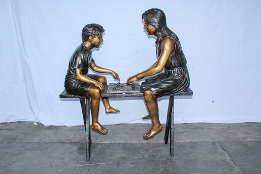 Life Size Bronze Children Playing Checkers Statue 37" x 17" x 44"H