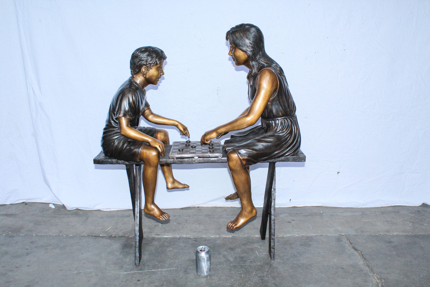 Life Size Bronze Children Playing Checkers Statue 37" x 17" x 44"H