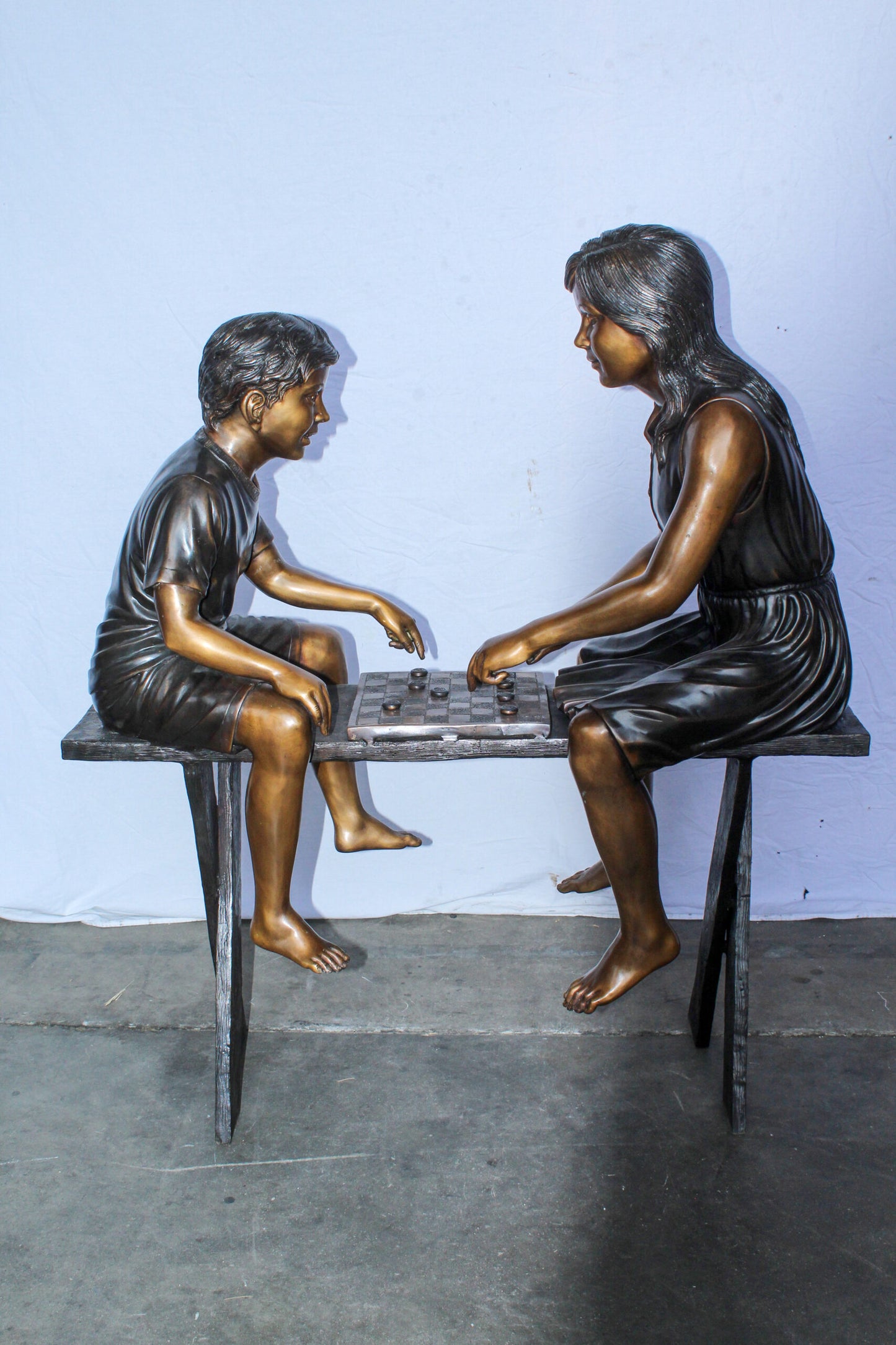 Life Size Bronze Children Playing Checkers Statue 37" x 17" x 44"H