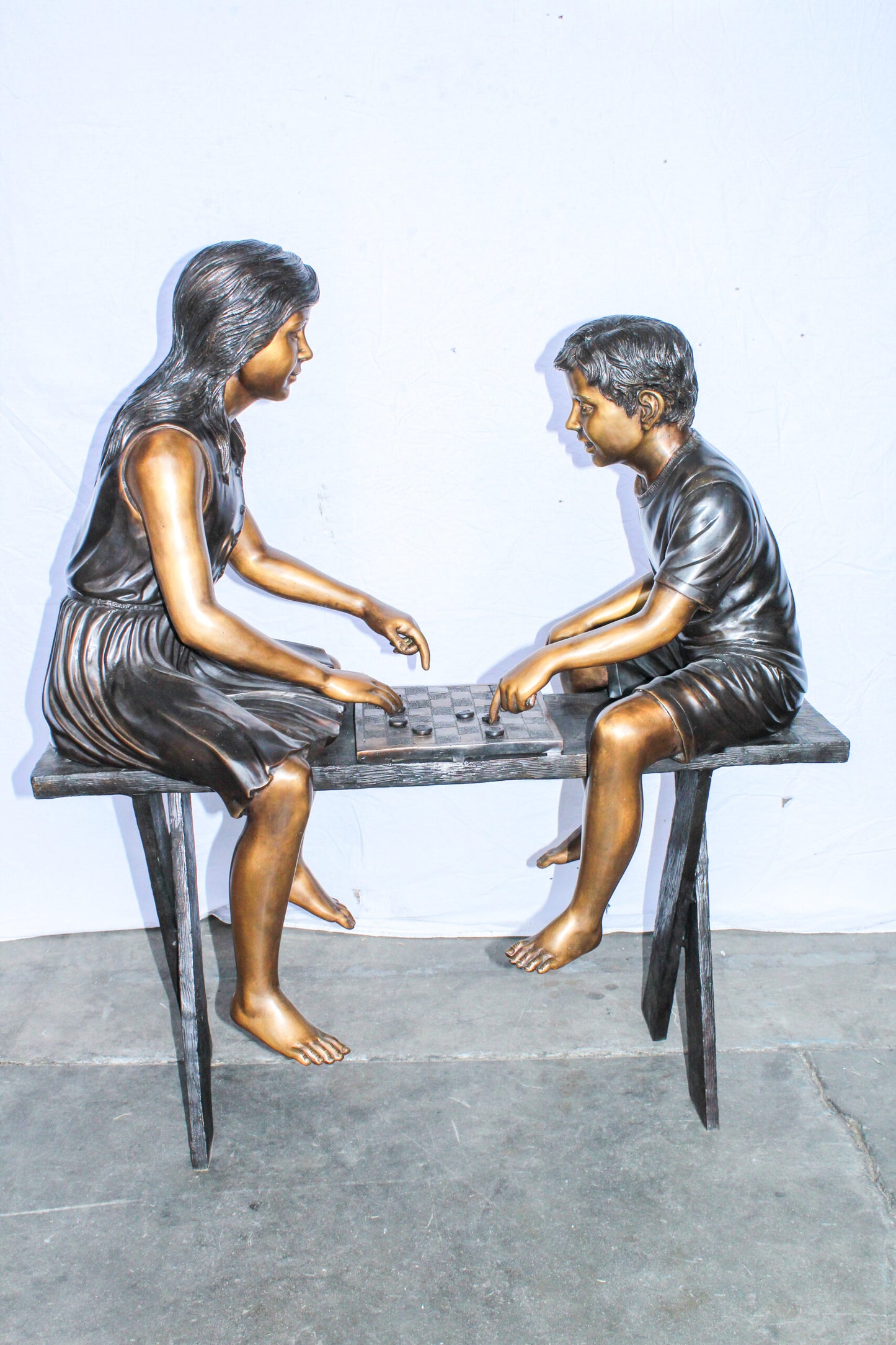 Life Size Bronze Children Playing Checkers Statue 37" x 17" x 44"H