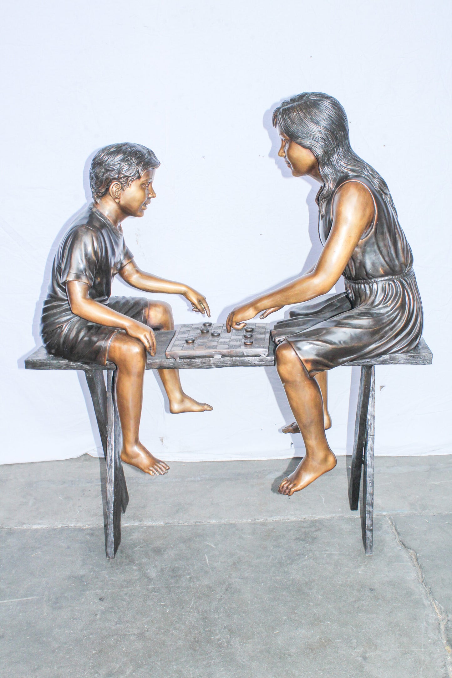 Life Size Bronze Children Playing Checkers Statue 37" x 17" x 44"H