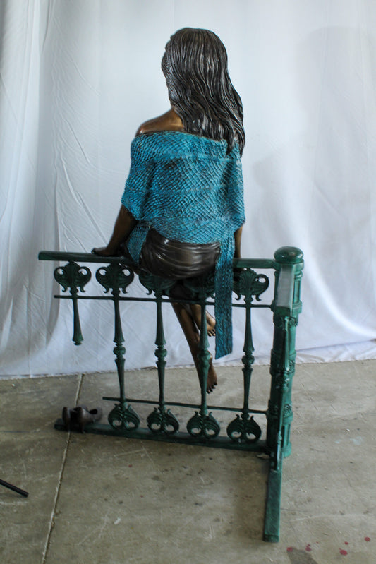 Nifao Bronze Woman with Rose Statue – Life-Size Indoor/Outdoor Sculpture, Handcrafted Lost Wax Casting, Seated Lady on Ornate Railing with Flowing Dress, Garden & Luxury Home Decor 35 x 55" x 67"H