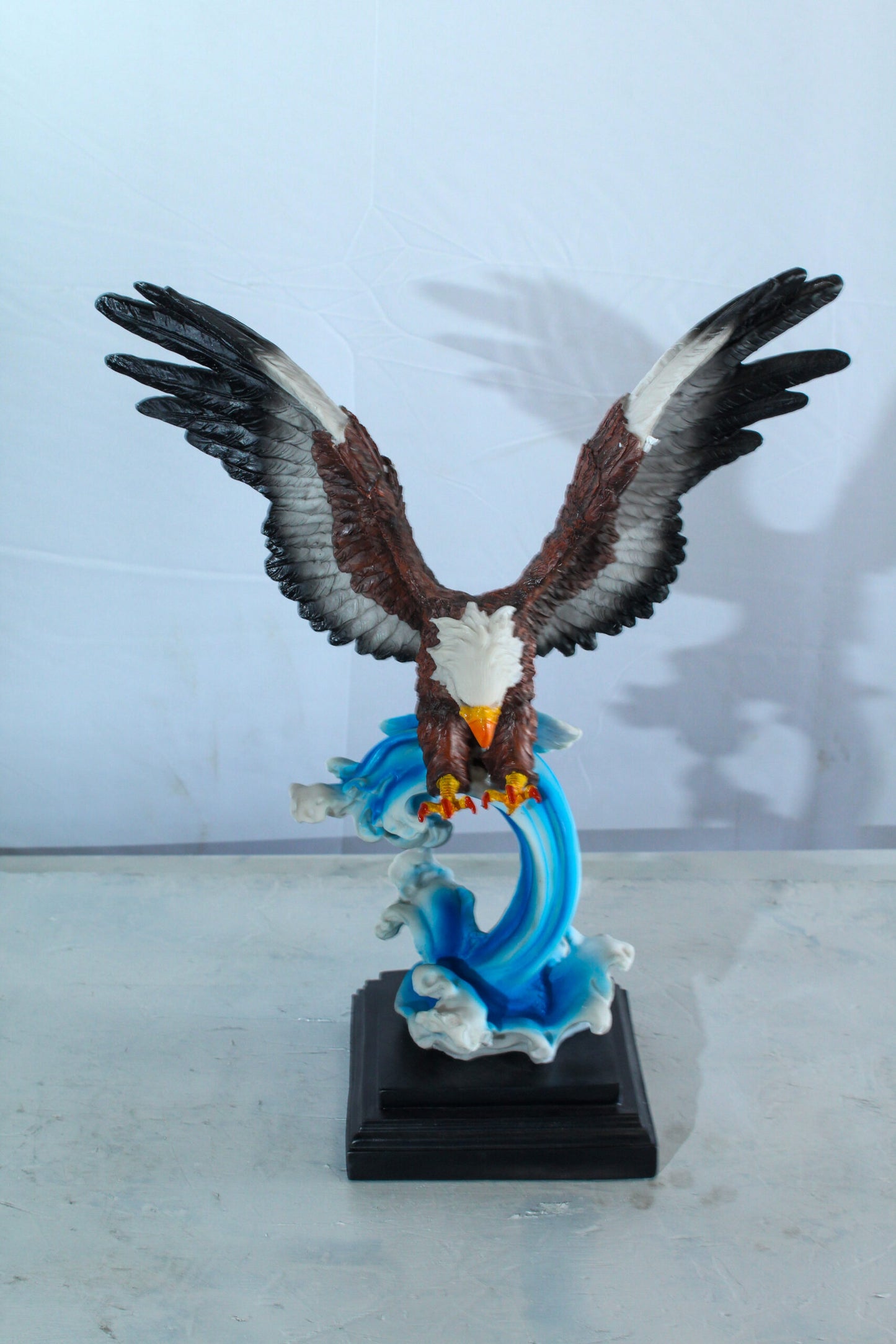 Resin Bald Eagle Statue Diving Over Ocean Wave on Base 14" x 7" x 17"H