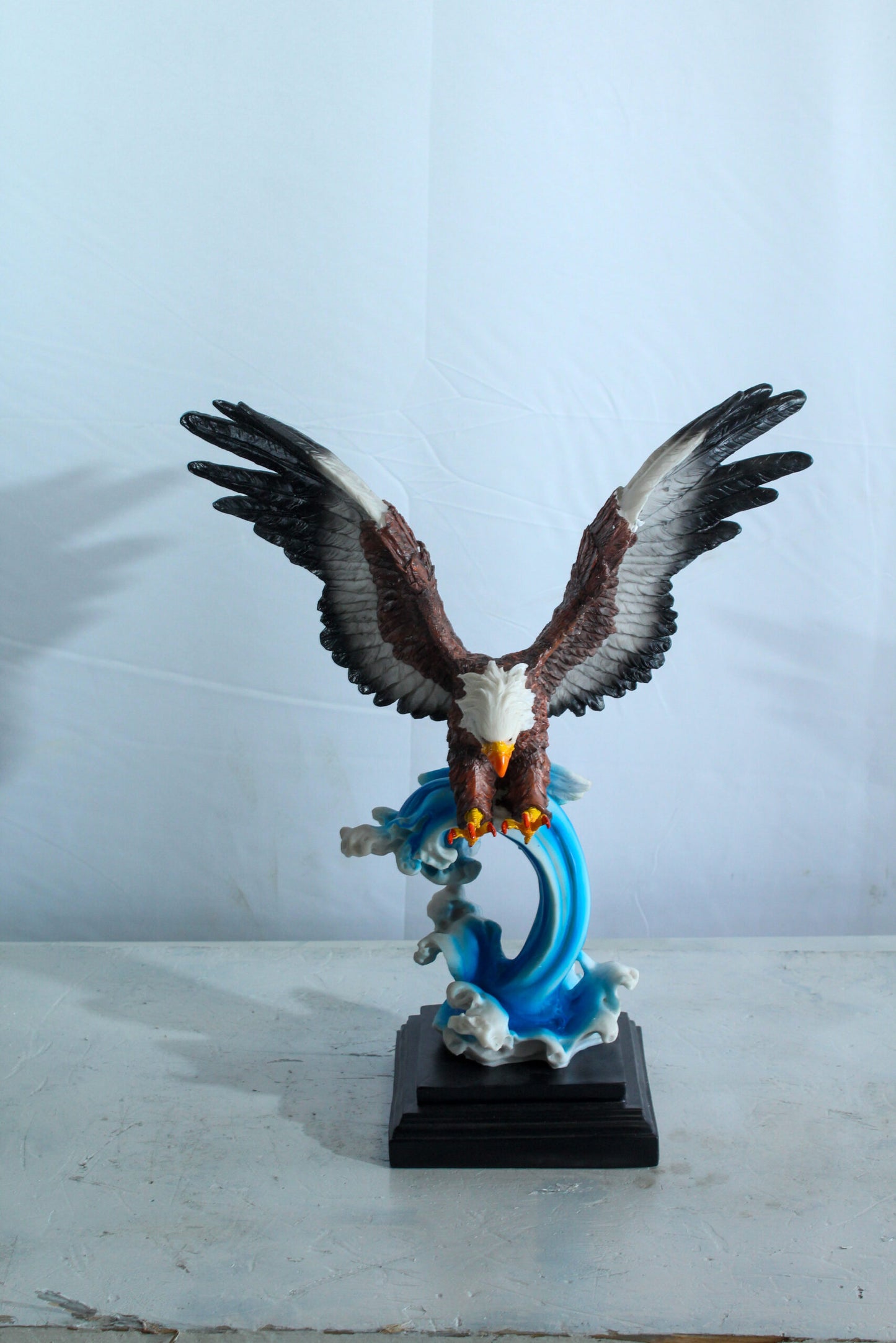 Resin Bald Eagle Statue Diving Over Ocean Wave on Base 14" x 7" x 17"H