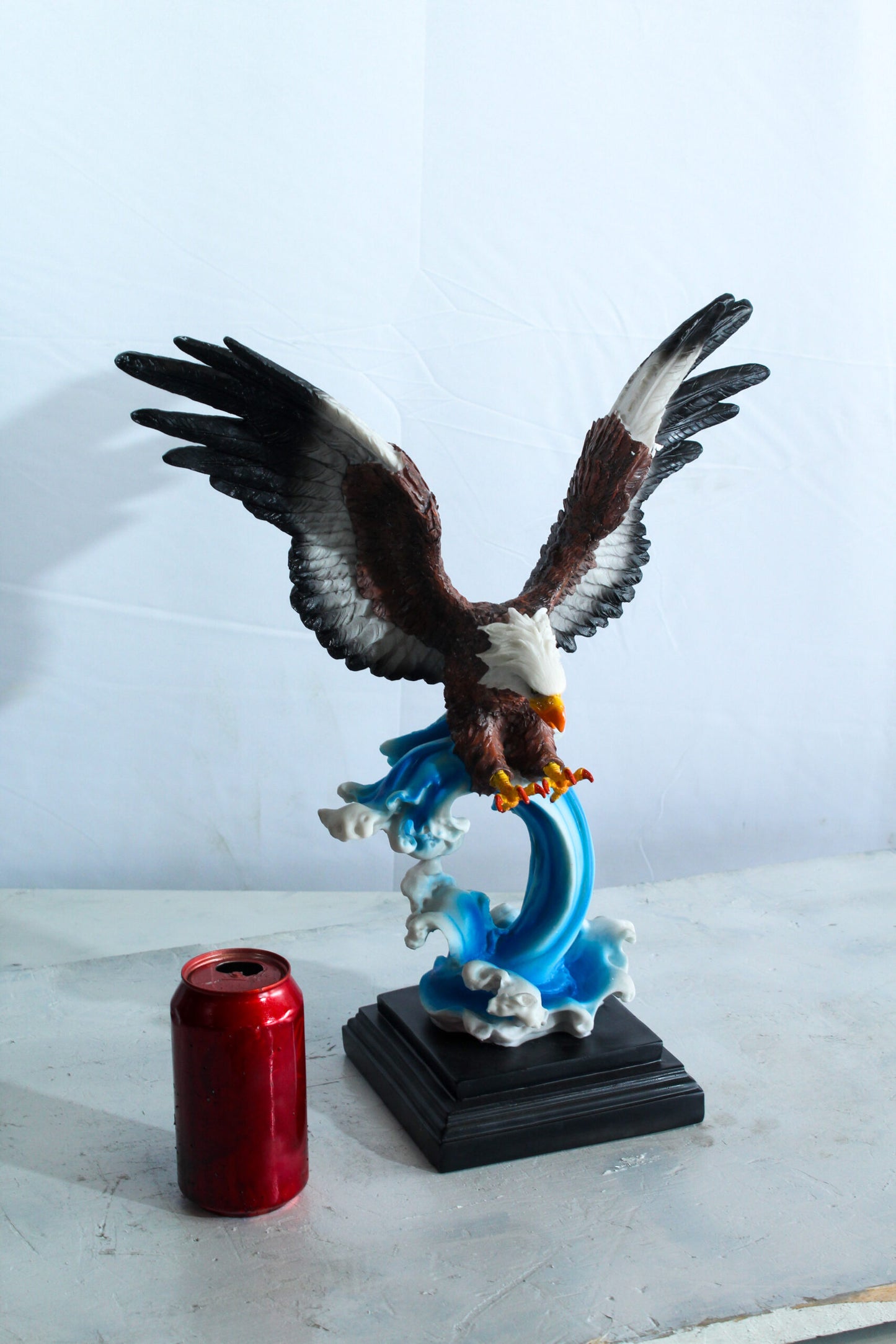 Resin Bald Eagle Statue Diving Over Ocean Wave on Base 14" x 7" x 17"H