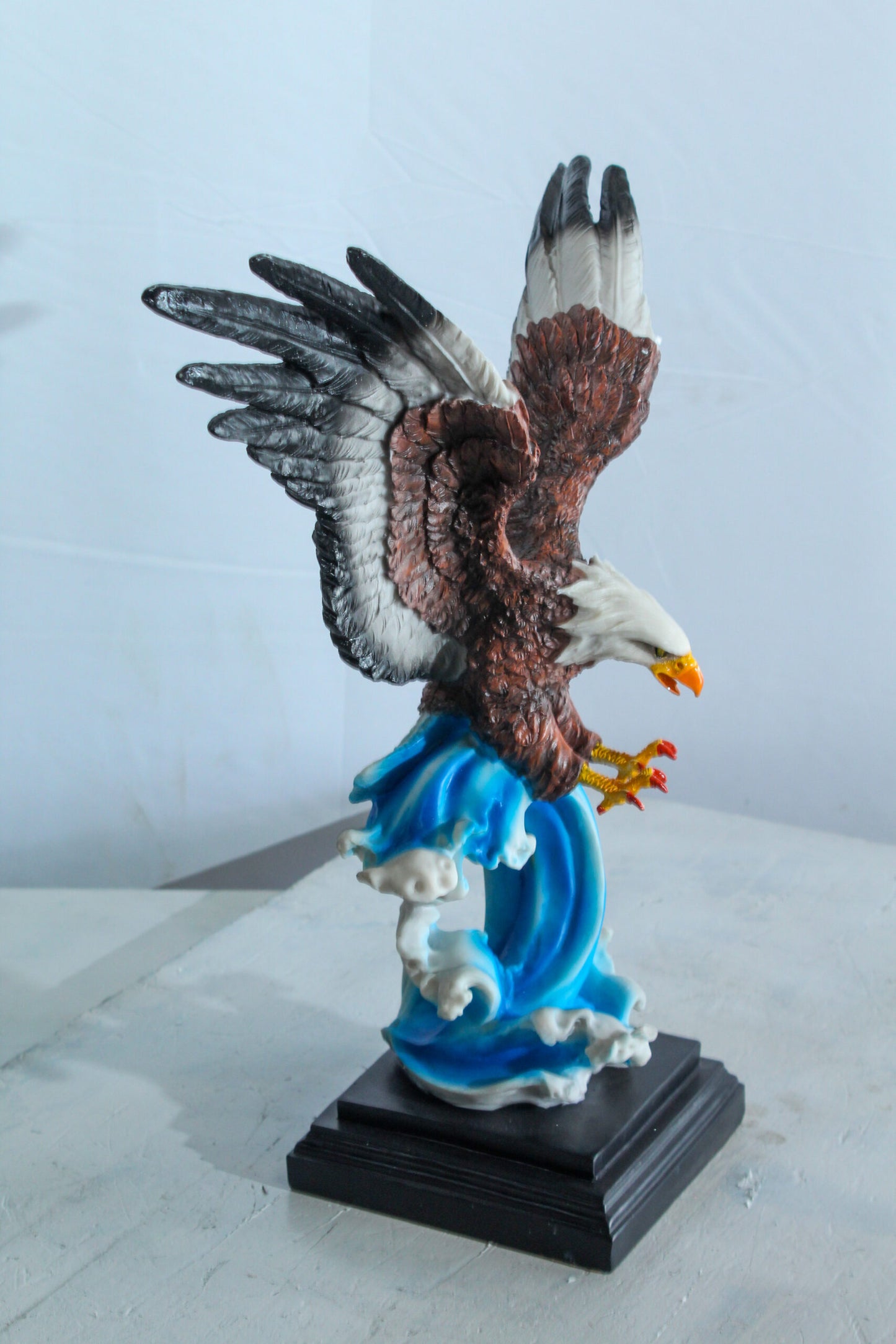 Resin Bald Eagle Statue Diving Over Ocean Wave on Base 14" x 7" x 17"H