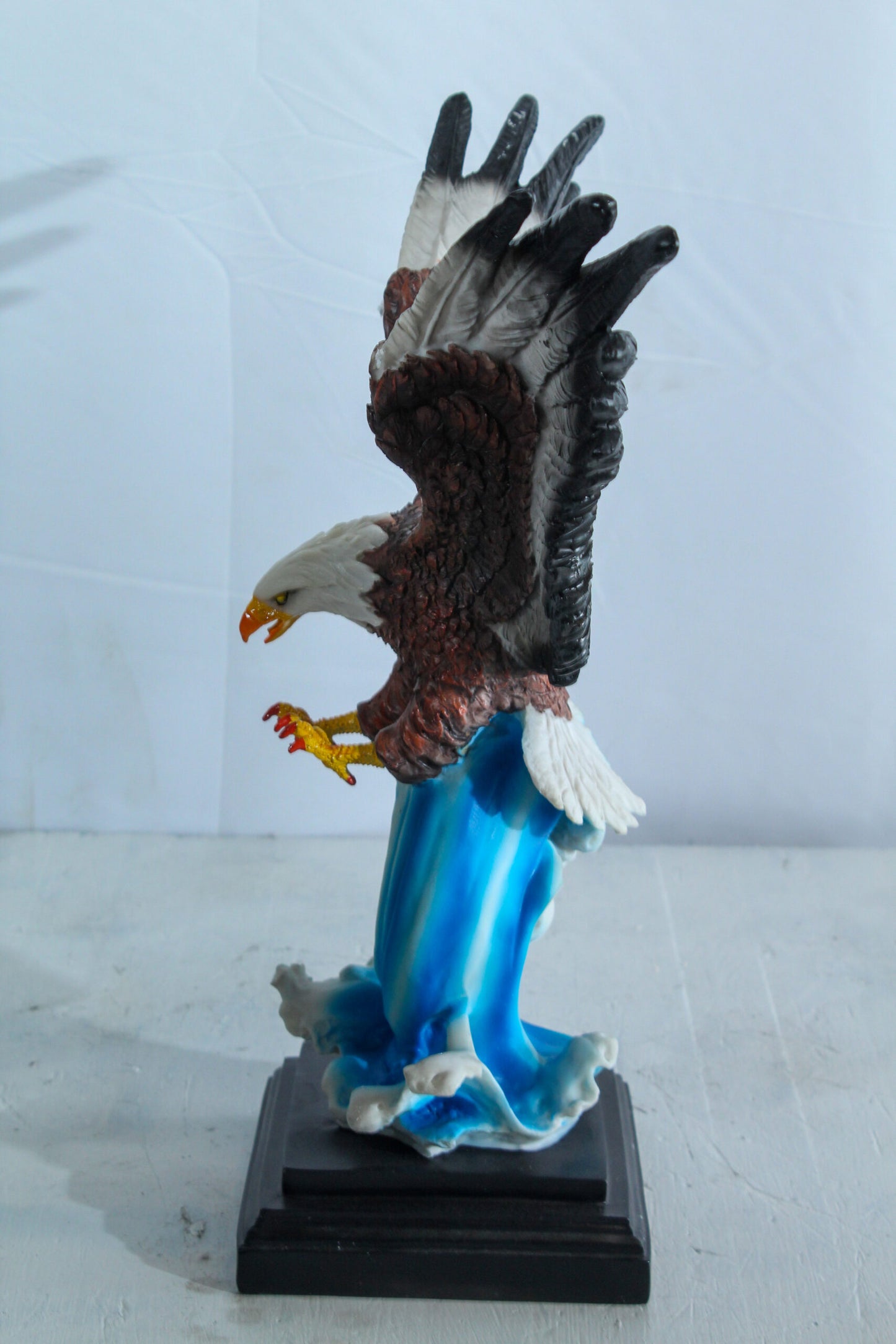 Resin Bald Eagle Statue Diving Over Ocean Wave on Base 14" x 7" x 17"H