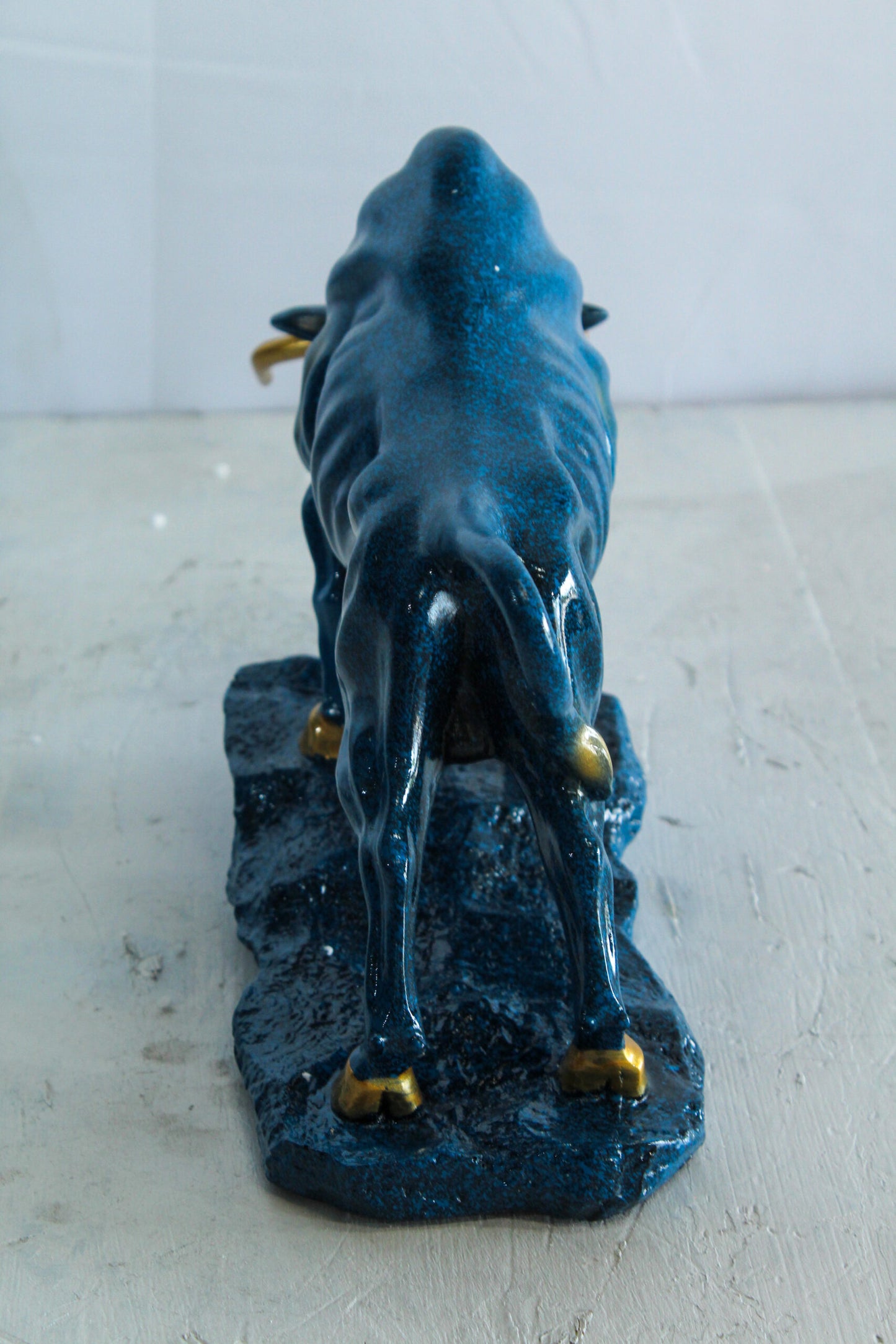 Blue Resin Bull Statue with Gold Horns and Hooves on Base 14" x 4" x 9"H