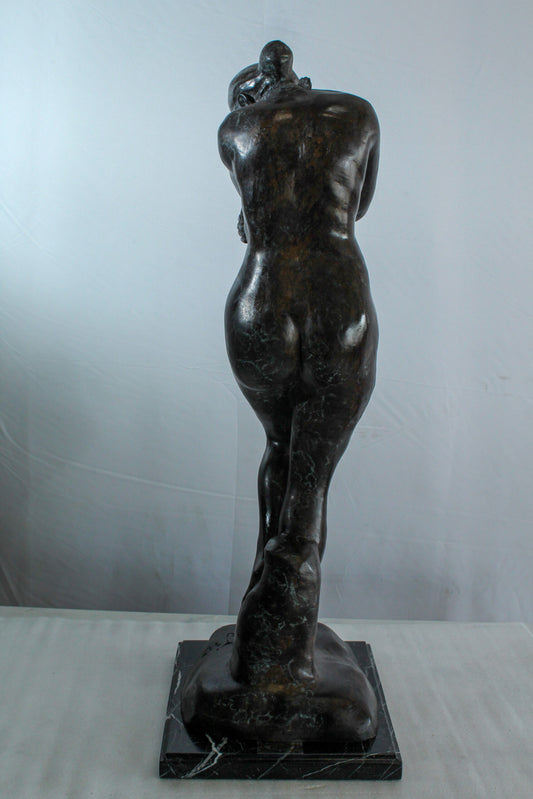 Nifao Bronze Nude Woman Statue -Rodin-Inspired Indoor/Outdoor Sculpture, Wax Casting on Marble Base, Classical Female Form in Introspective Pose for Art Collectors & Elegant Home Decor12 x 11" x 32"H
