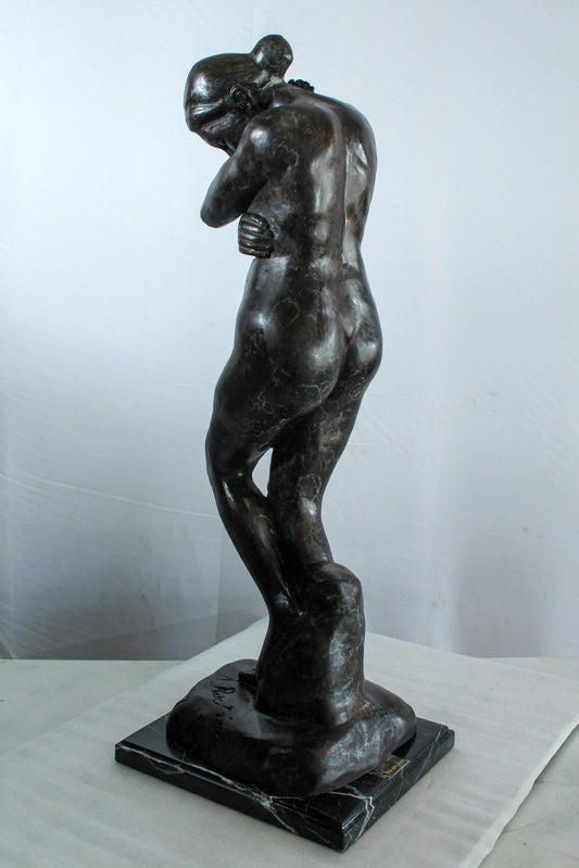 Nifao Bronze Nude Woman Statue -Rodin-Inspired Indoor/Outdoor Sculpture, Wax Casting on Marble Base, Classical Female Form in Introspective Pose for Art Collectors & Elegant Home Decor12 x 11" x 32"H