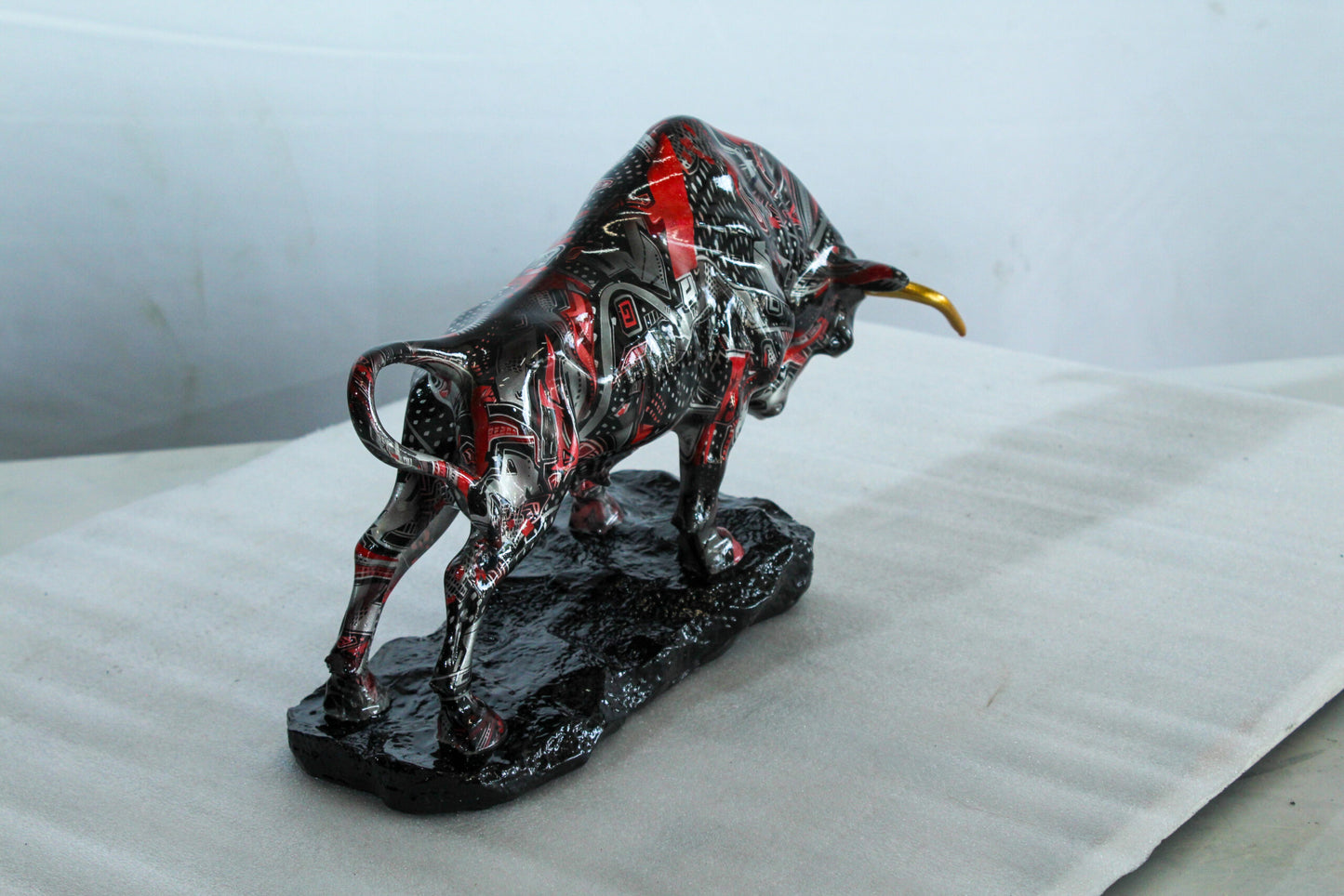 Modern Red Black Resin Bull Statue with Abstract Street Art 14" x 4" x 9"H