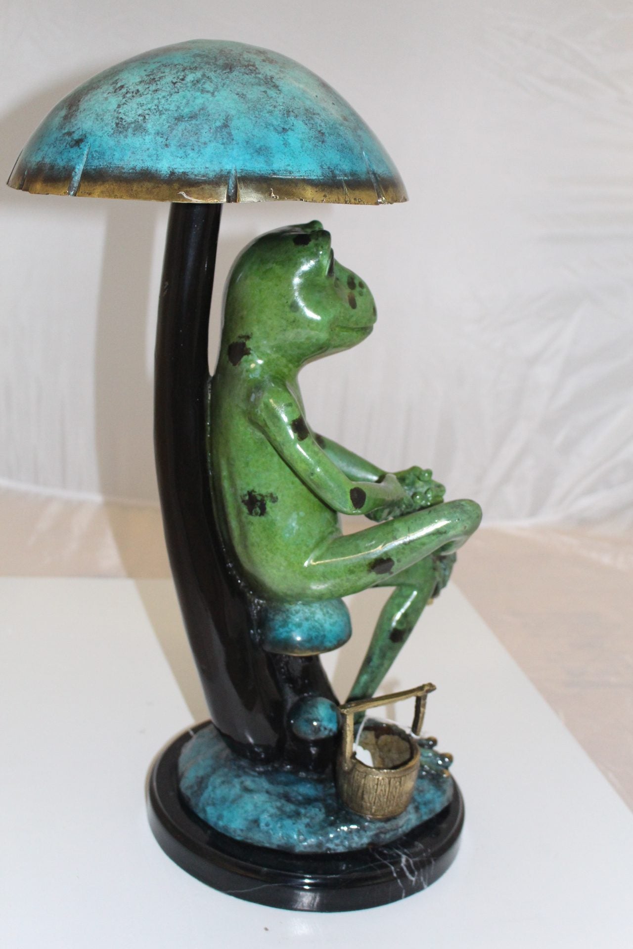 Frog with Umbrella Bronze Statue - Size: 11"L x 10"W x 22"H.
