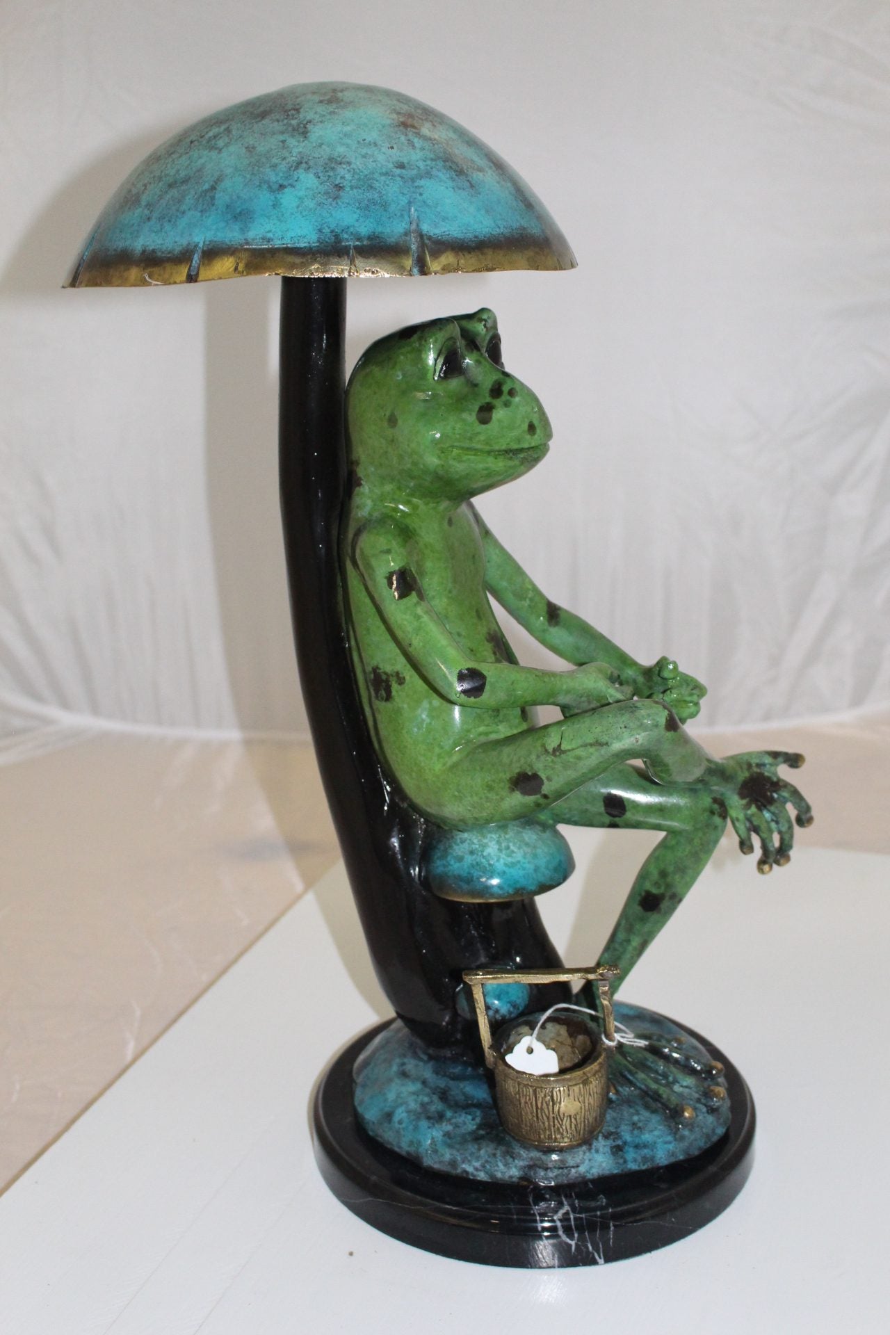 Frog with Umbrella Bronze Statue - Size: 11"L x 10"W x 22"H.