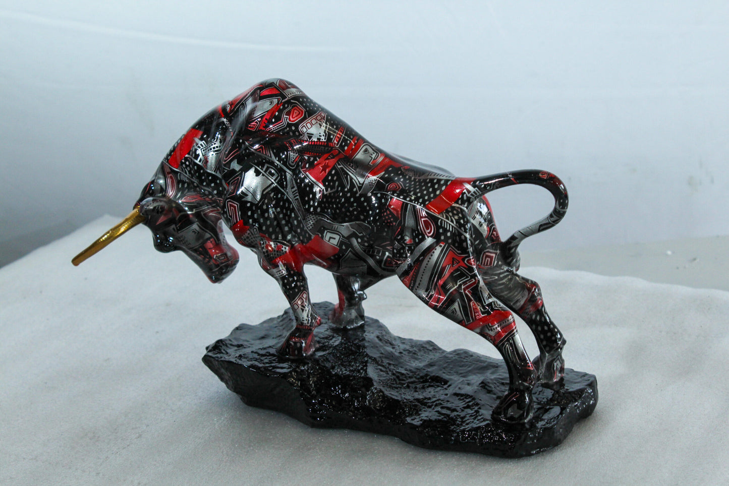 Modern Red Black Resin Bull Statue with Abstract Street Art 14" x 4" x 9"H
