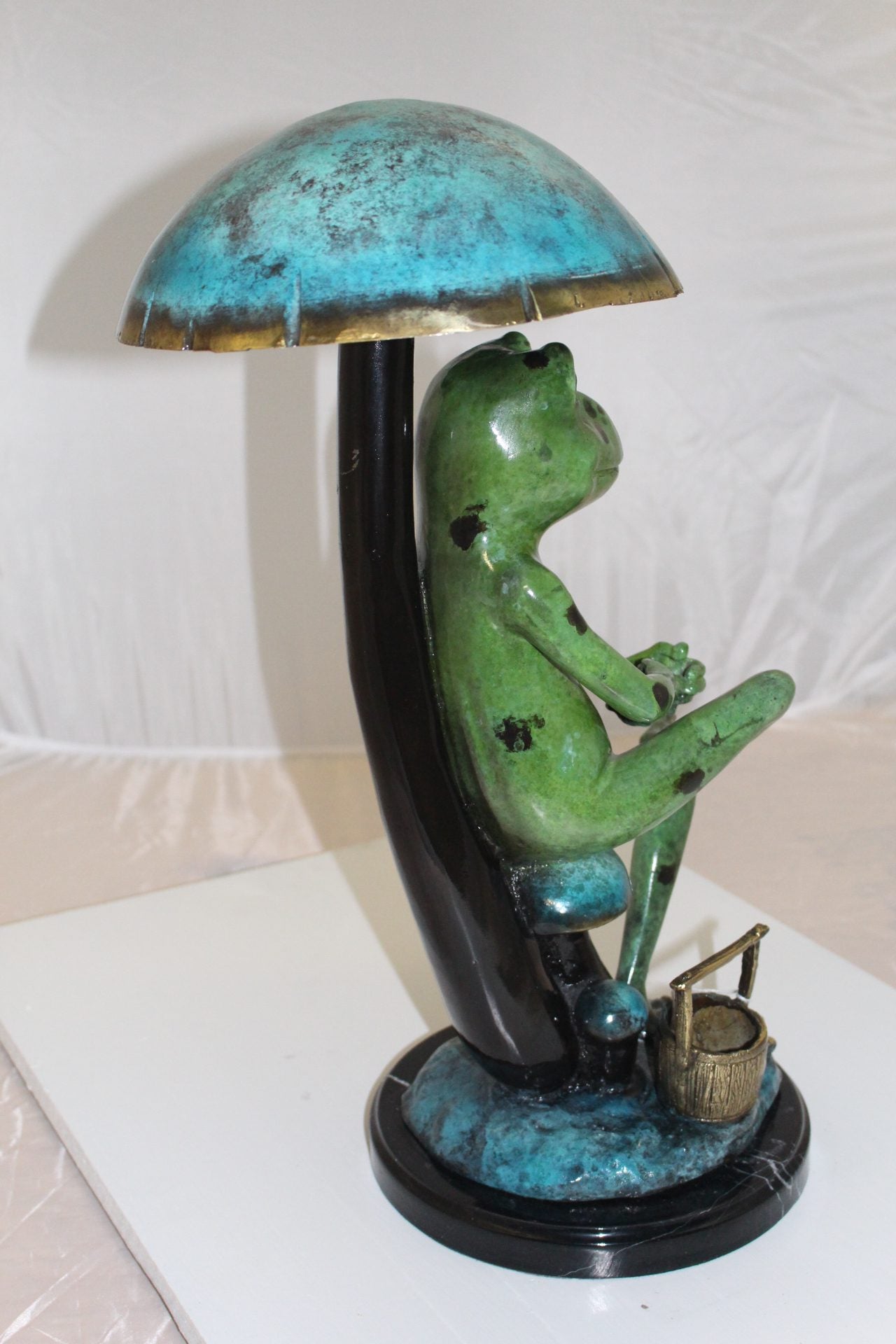 Frog with Umbrella Bronze Statue - Size: 11"L x 10"W x 22"H.