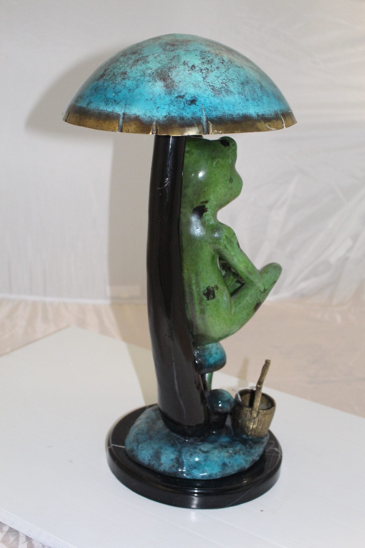 Frog with Umbrella Bronze Statue - Size: 11"L x 10"W x 22"H.