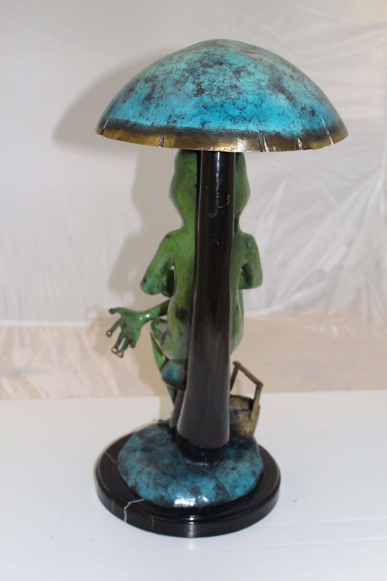 Frog with Umbrella Bronze Statue - Size: 11"L x 10"W x 22"H.