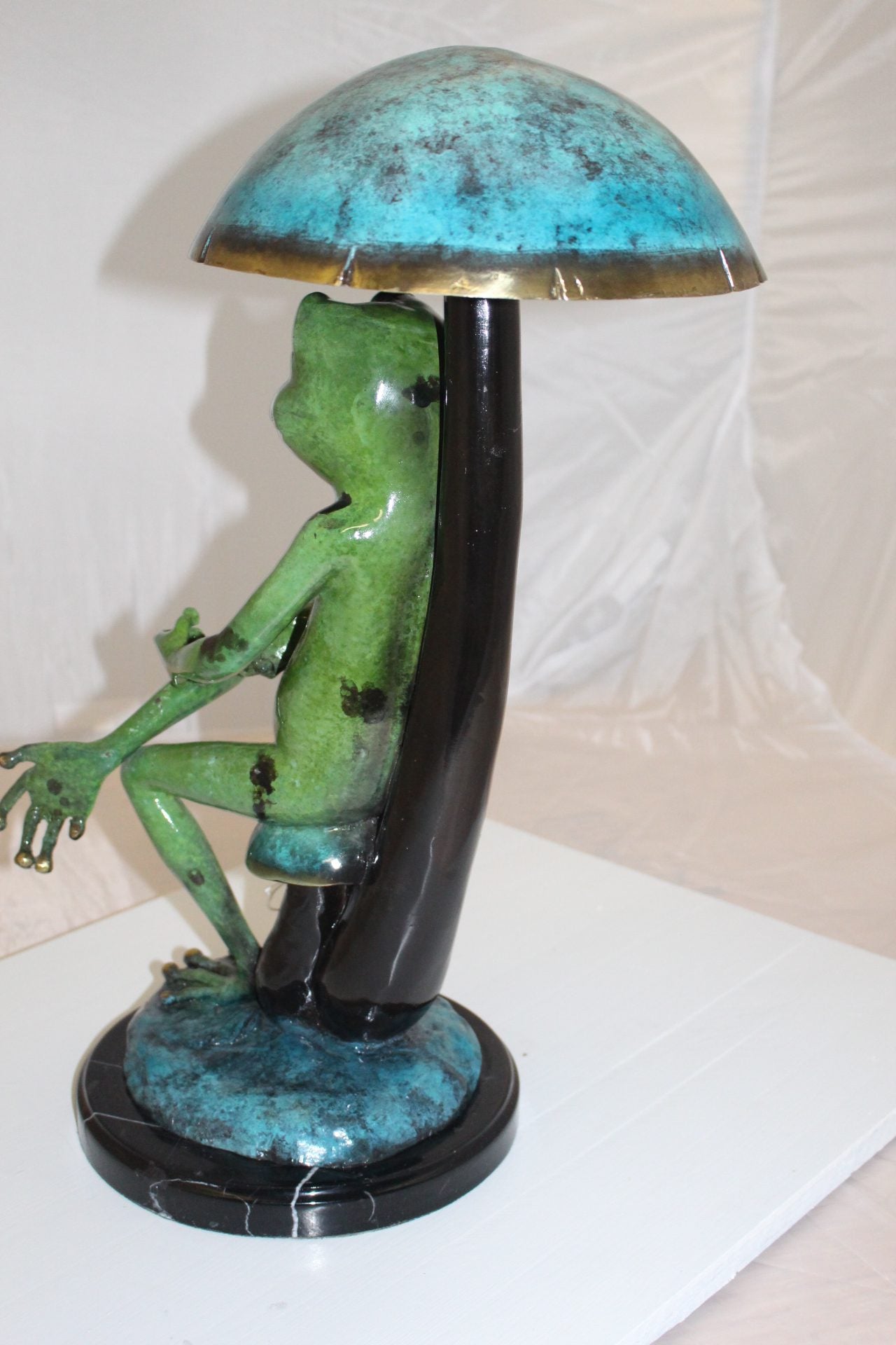 Frog with Umbrella Bronze Statue - Size: 11"L x 10"W x 22"H.