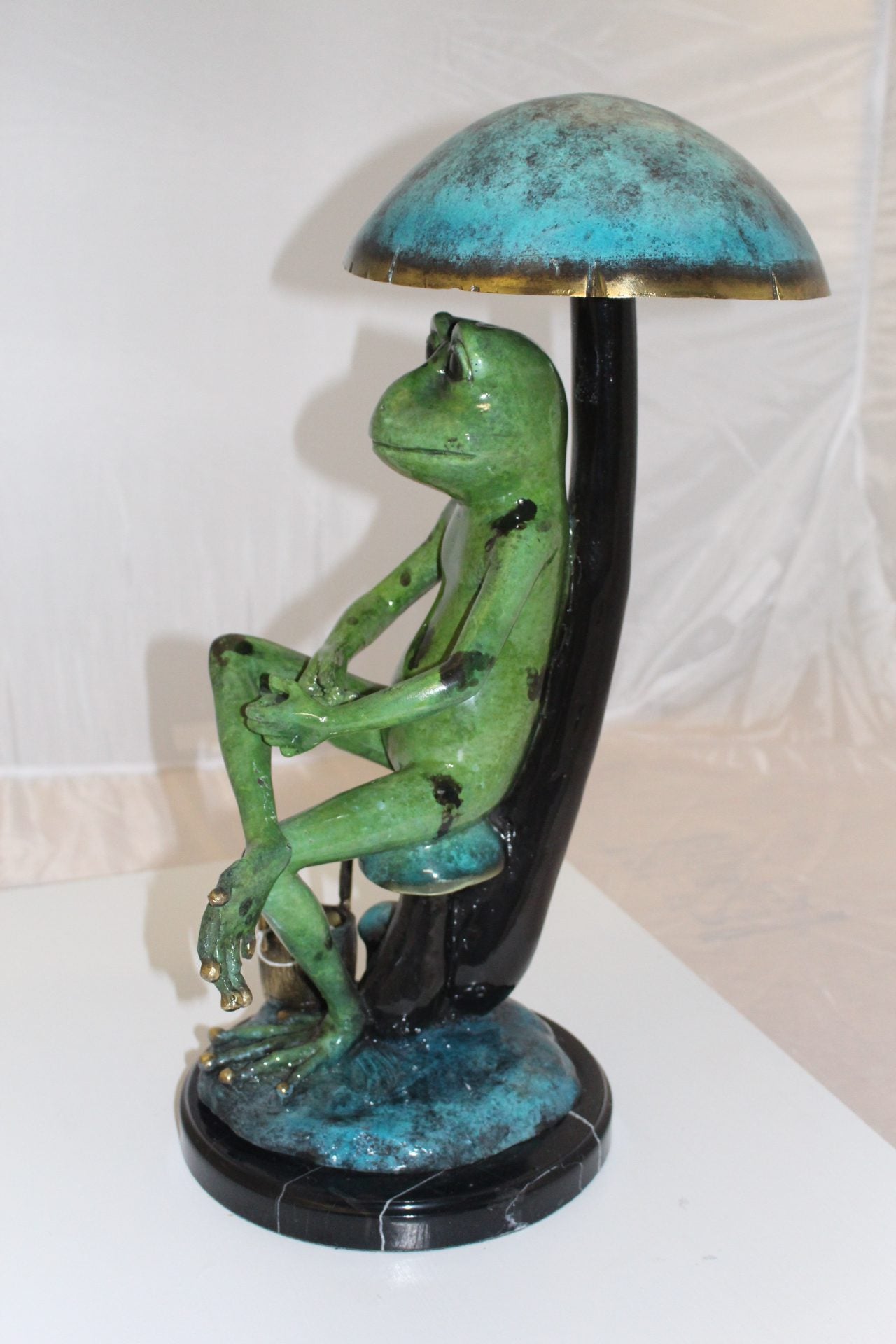 Frog with Umbrella Bronze Statue - Size: 11"L x 10"W x 22"H.