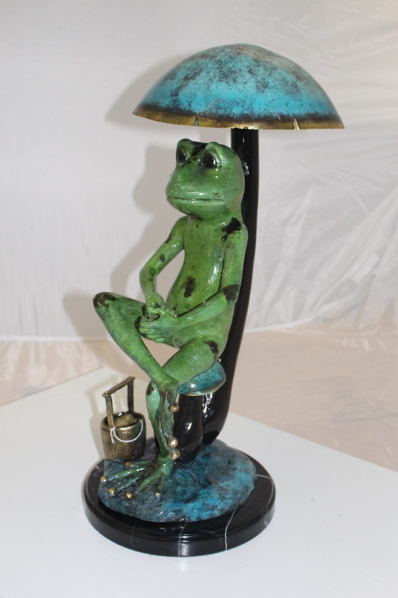 Frog with Umbrella Bronze Statue - Size: 11"L x 10"W x 22"H.