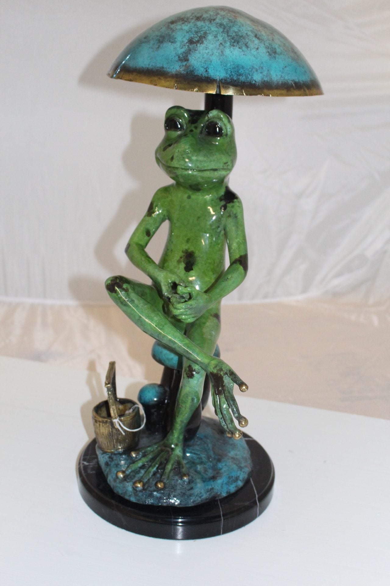 Frog with Umbrella Bronze Statue - Size: 11"L x 10"W x 22"H.
