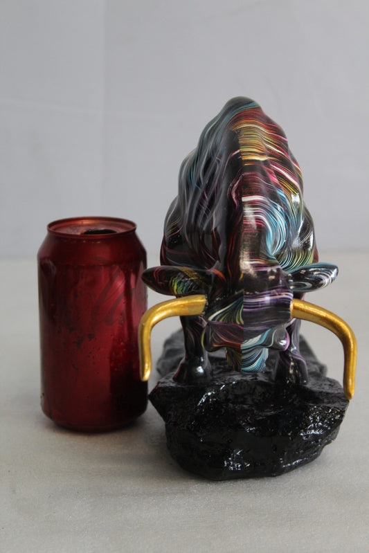 Nifao Resin Bull Statue- Multicolor Swirl Indoor/Outdoor Charging Bull Sculpture,Abstract Yellow,Blue,Red &Violet Design with Gold Horns on Glossy Black Base for Homes, Offices 14" x 4" x 9"H