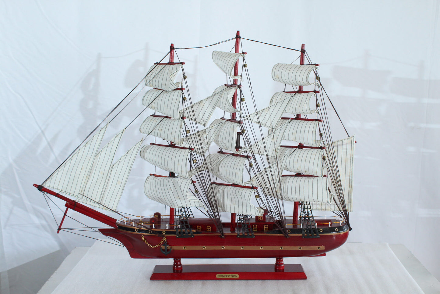 Red Wooden Sailboat Model with Cloth Sails and Details 33" x 6" x 24"H