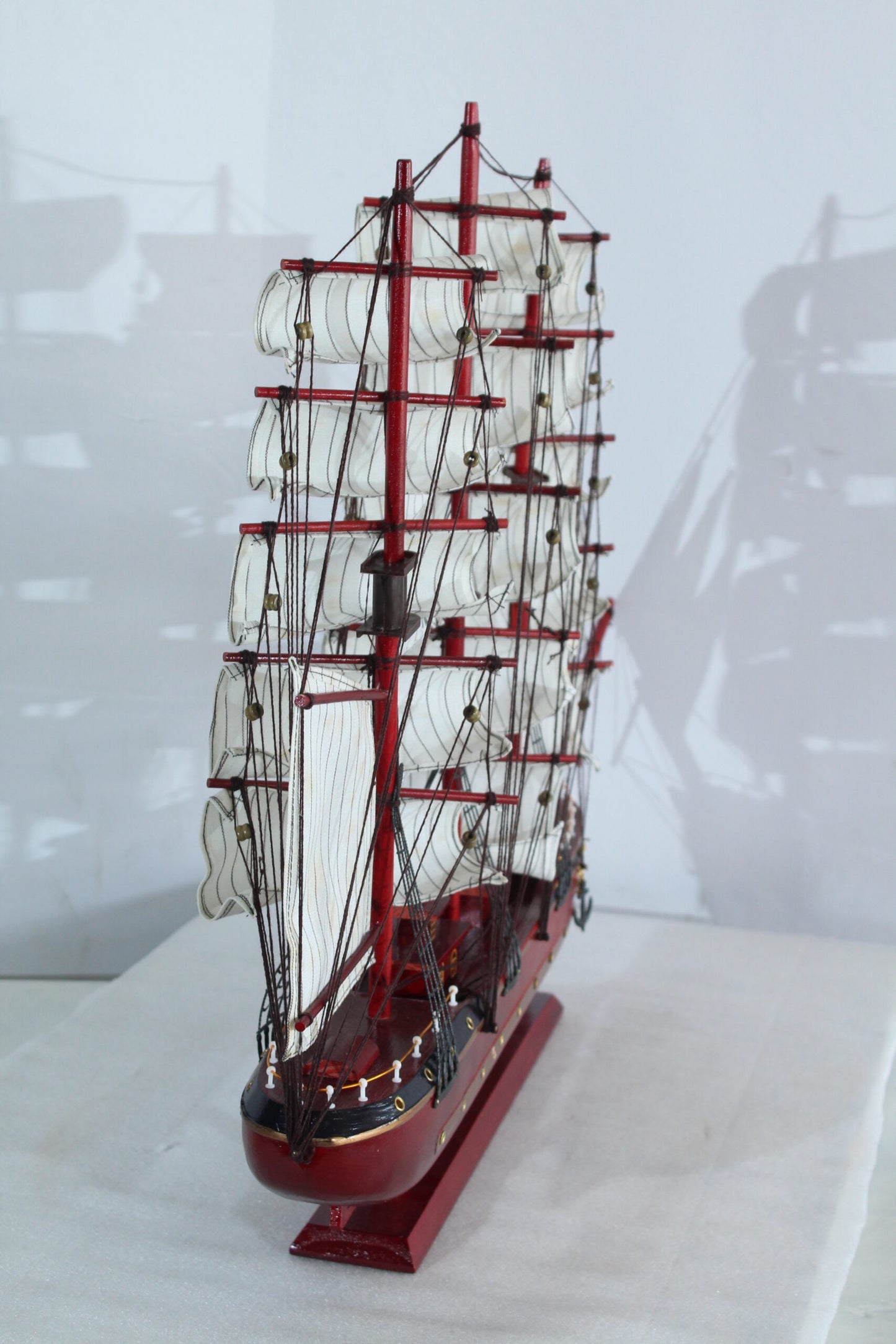 Red Wooden Sailboat Model with Cloth Sails and Details 33" x 6" x 24"H