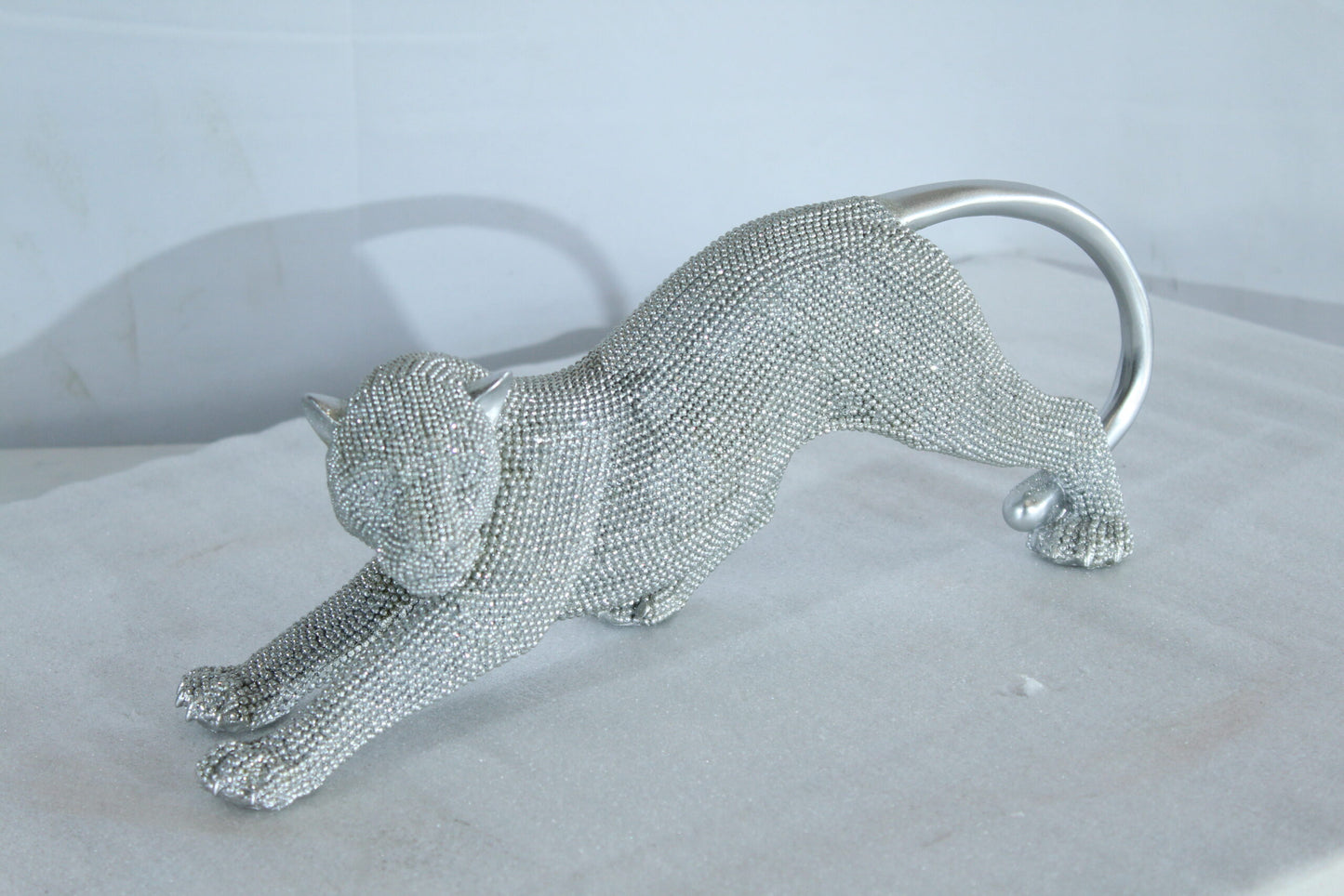 Nifao Silver Stretching Panther Resin Statue with Beaded Texture - Modern Animal Décor - 15" x 4" x 6"H