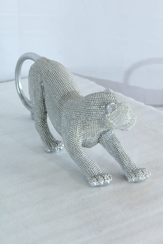 Nifao Silver Stretching Panther Resin Statue with Beaded Texture - Modern Animal Décor - 15" x 4" x 6"H